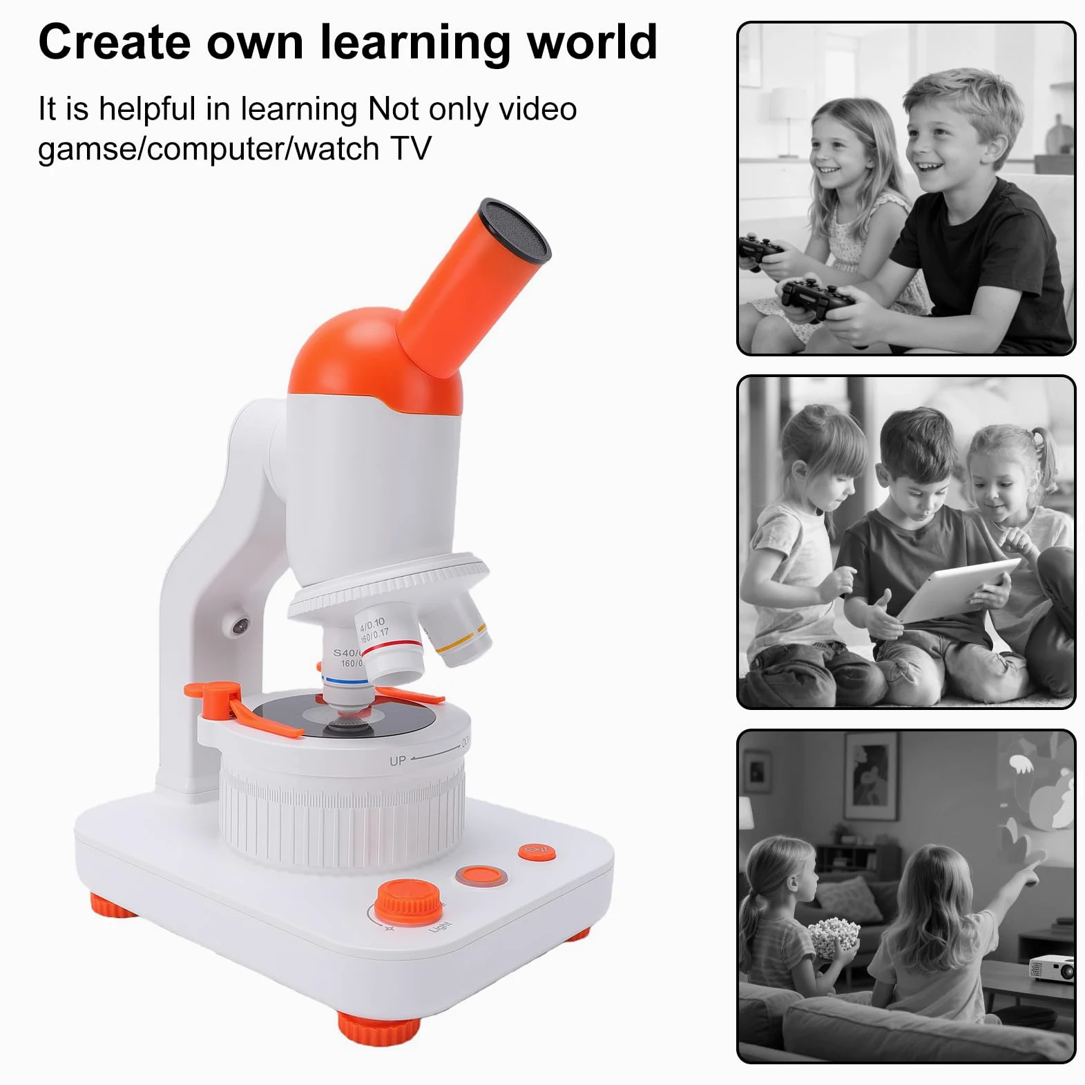 Fockety Microscopio per Bambini, Microscopio Educativo per Bambini con Ingrandimento da 40X a 400X, Giocattolo Scientifico con Doppia Illuminazione a LED, Kit di Diapositive