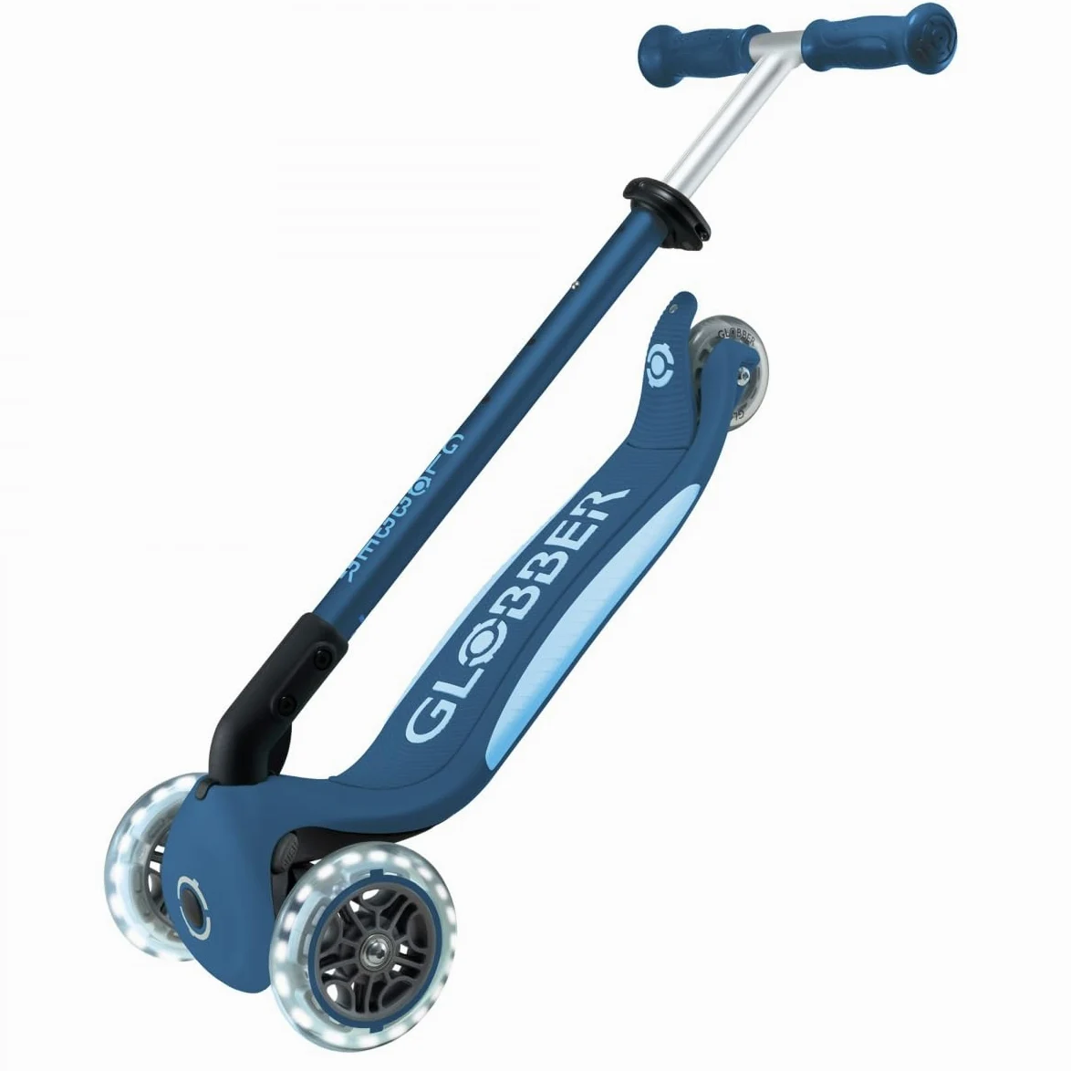 Globber - Primo Foldable Plus Lights - Monopattino a 3 ruote per bambini dai 3 ai 9 anni, blu scuro
