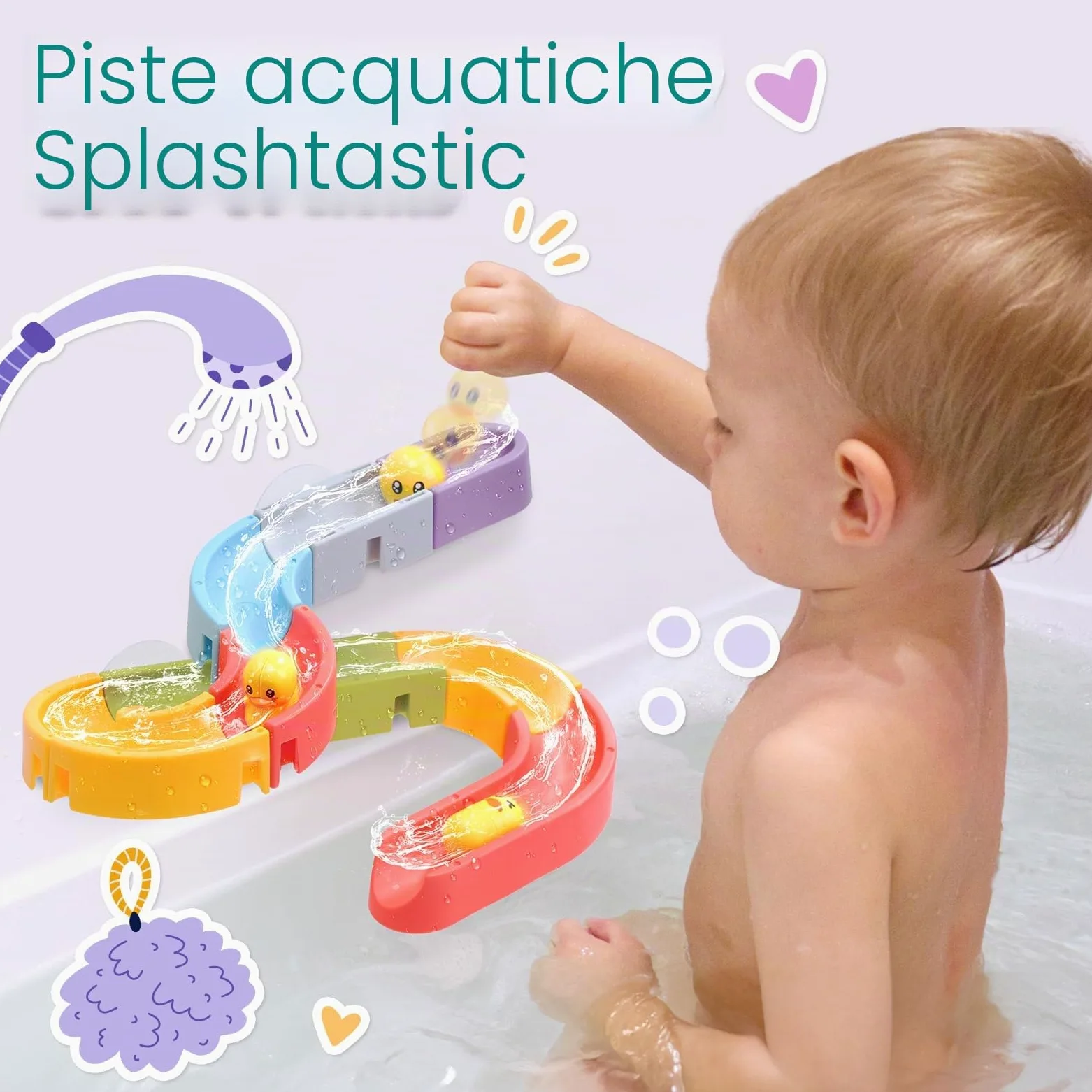 CUTE STONE Giocattolo da bagno per bambini, giocattolo da bagno con pista di costruzione scivolo acquatico, giocattoli galleggianti senza fori, gioco di rete da pesca anatra, regali per ragazzi e