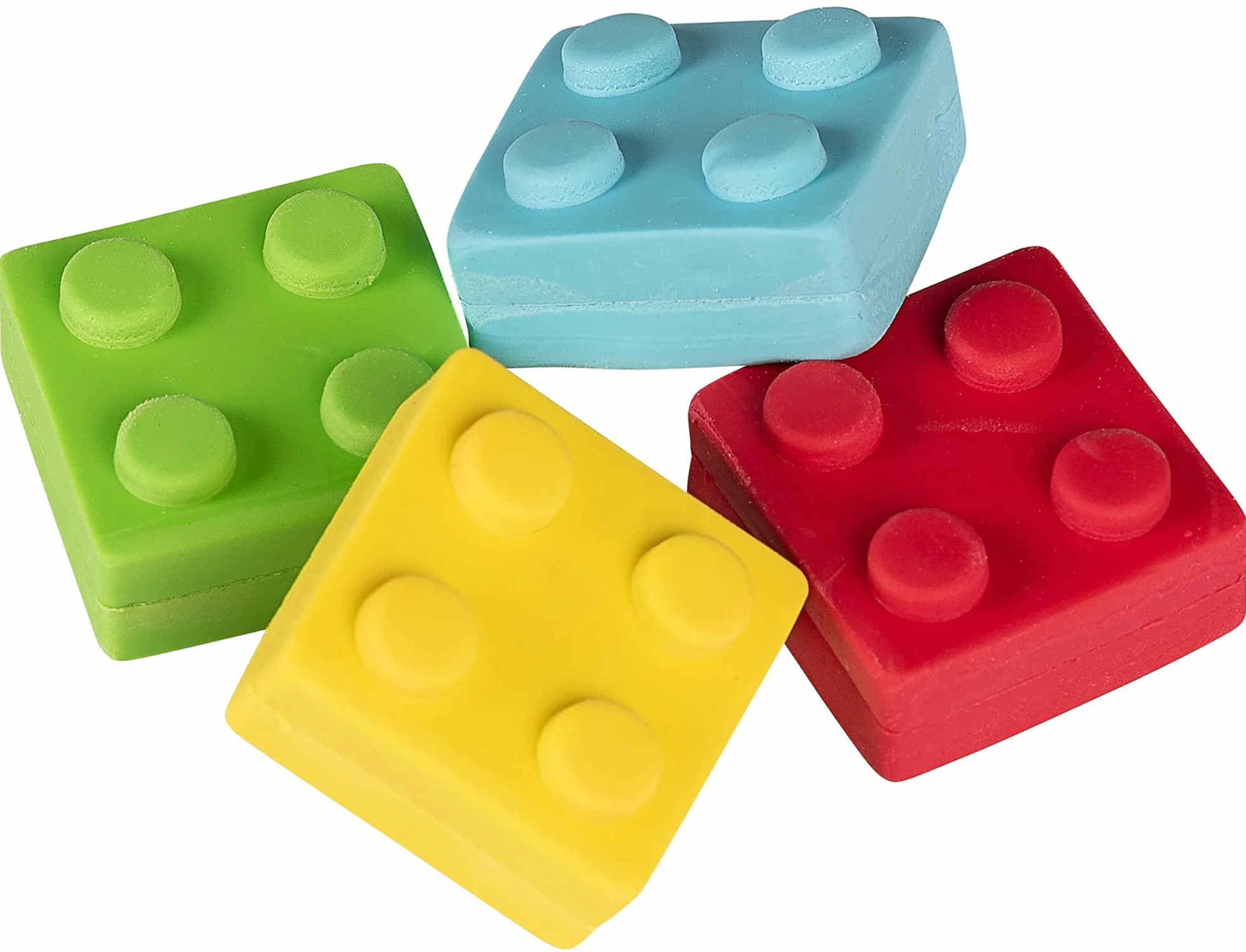 WEDO Bricky - Set di 4 gomme da cancellare a forma di mattoncini (rosso, blu, giallo, verde), plastica, senza PVC, ftalati e lattice, circa 2,5 x 2,5 x 1,3 cm