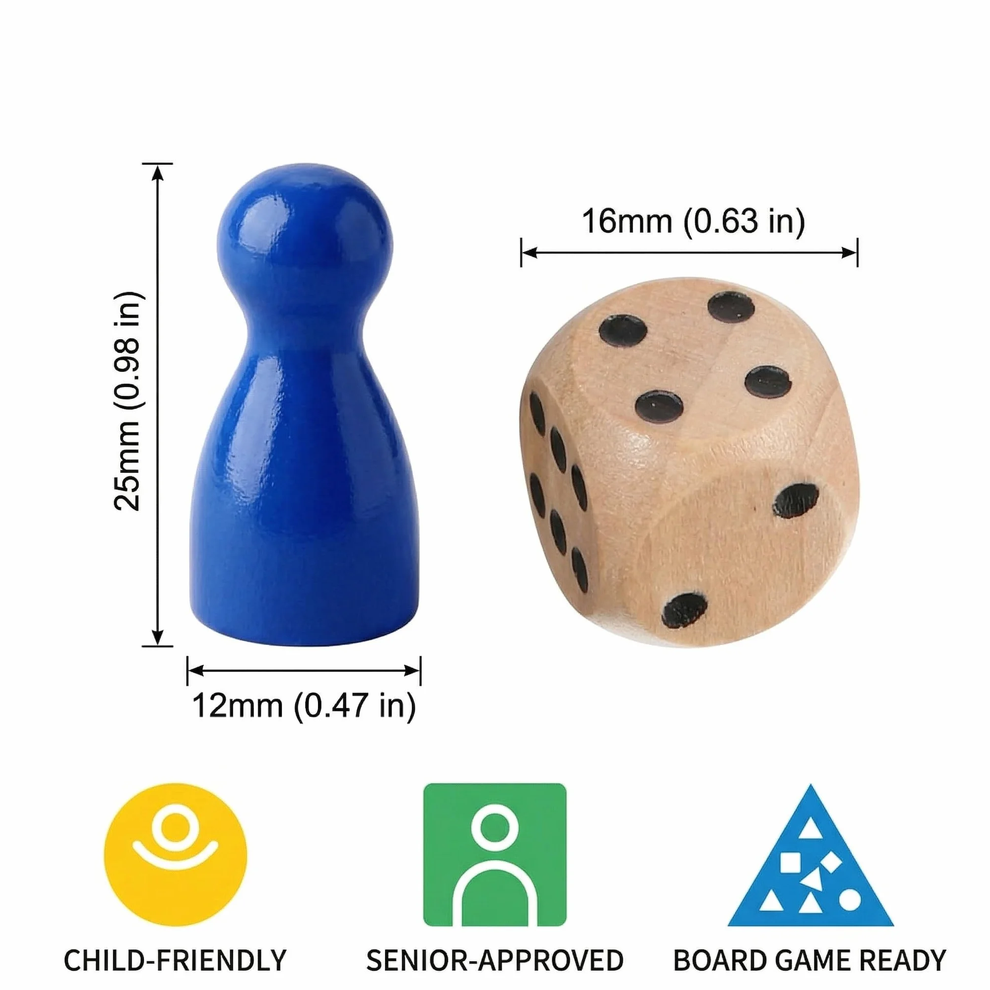Pedine Gioco da Tavolo in Legno Colorate, 32pz Extra Grandi + 2 Dadi | Ricambio Universale per Ludo, Dama, Bambini e Anziani
