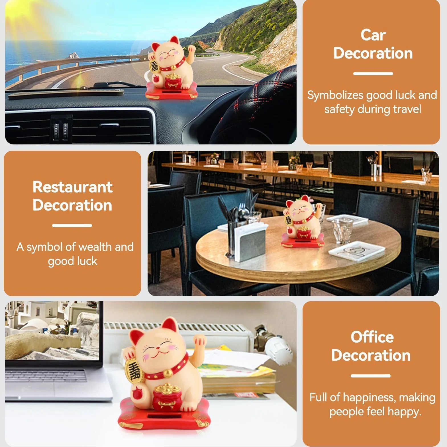 Maneki Neko Statua Gatto Giapponese Solare Braccio Ondeaggiante per Decorazione Auto Casa Giallo