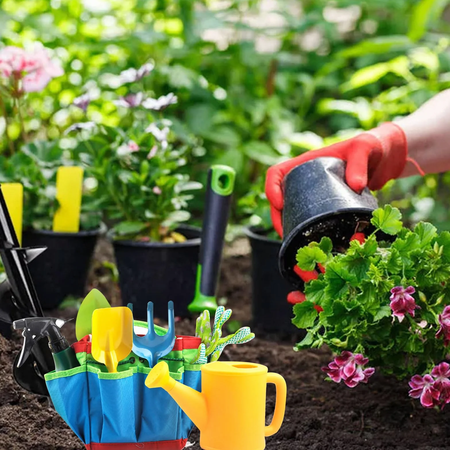 Set di attrezzi da giardinaggio per bambini, 23 attrezzi da giardinaggio, guanti da giardino per bambini, giocattoli per bambini con annaffiatoio pala rastrello, vanga, grembiule, giocattolo da