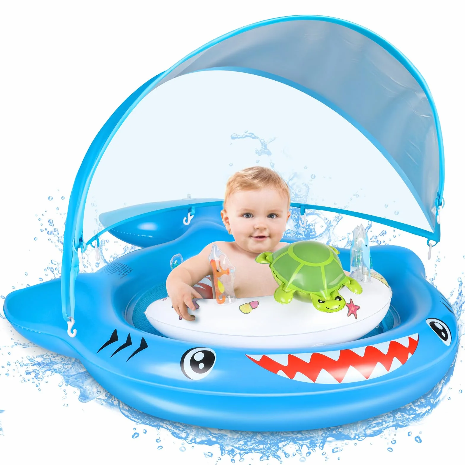 IEEILULU Salvagente Neonato, Ciambella Neonato Mare con Parasole Olare Rimovibile UPF50+, Salvagente Bambino con Giocattolo a Forma C Della Tartaruga e Adesivo Riparazione per Bambini da 6 a 36 Mesi