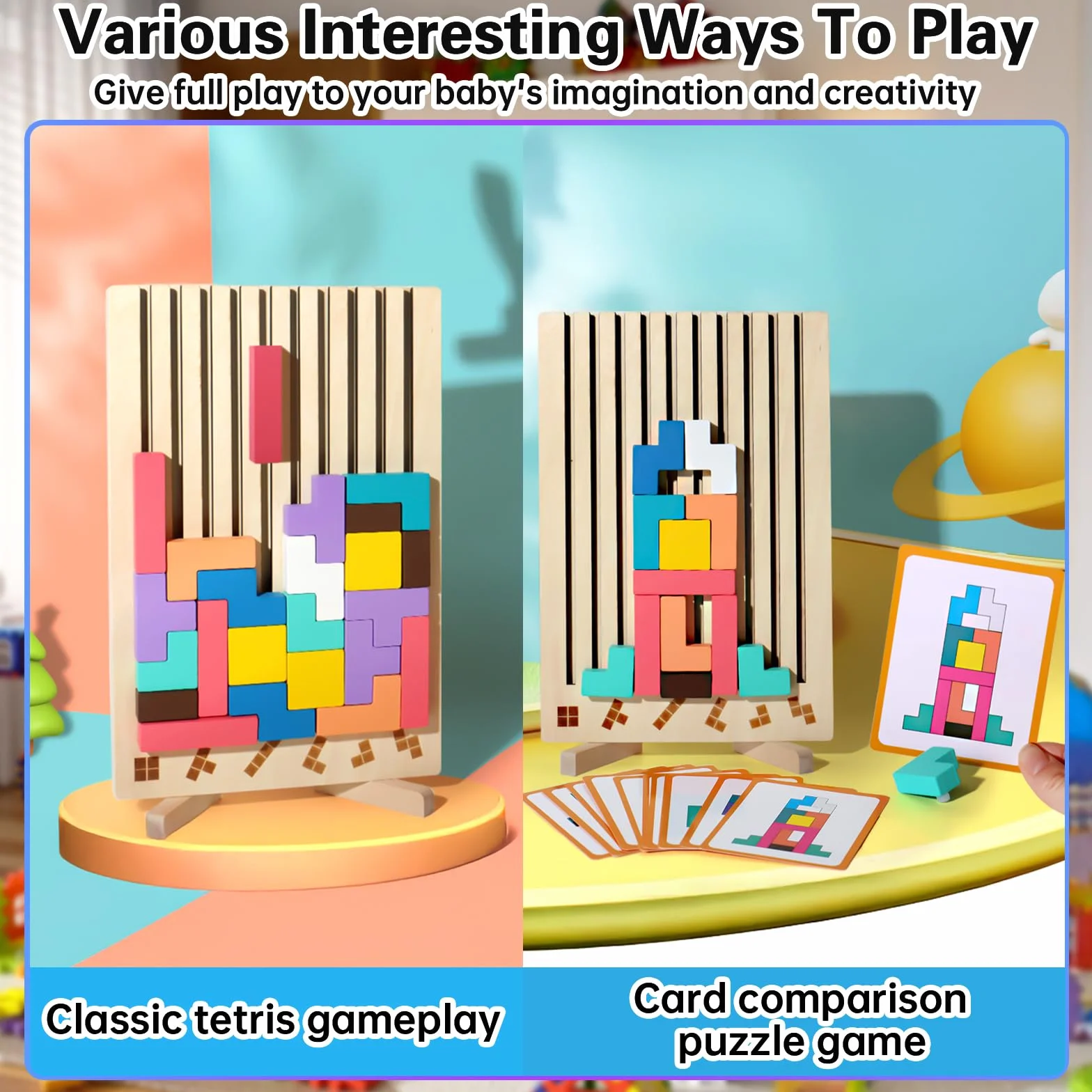 ZLPBAO Tetris Gioco per Bambini con 10 Carte e Borsa, Puzzle 3D di Legno Tetris Giochi montessori 3 anni, Intelligenza Jigsaw Rompicapo, Regali per Bambini di 3, 4, 5, 6 Anni