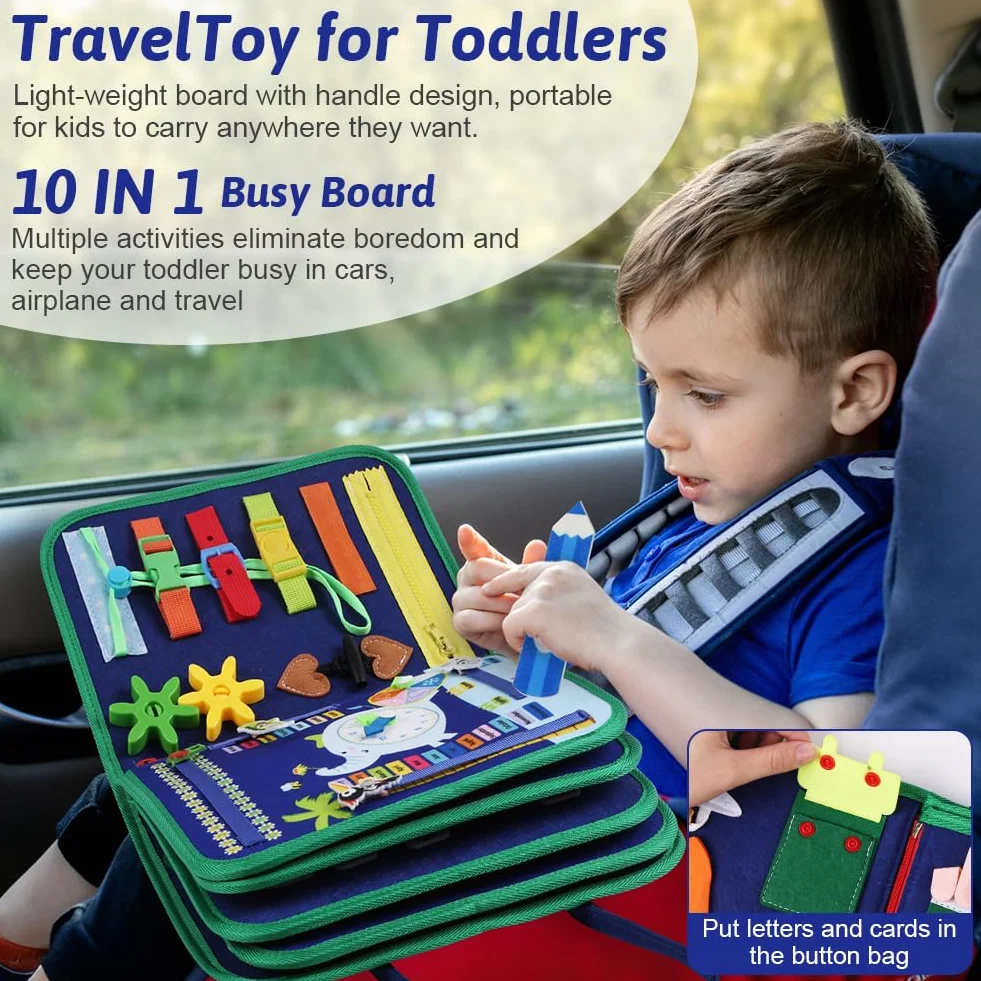 Montessori Busy Board di Feltro, Giochi Montessori Didattici Libro Interattivo per 1-6 Anni Bambini, Regalo Bambino, Giocattoli da Viaggio - Blu