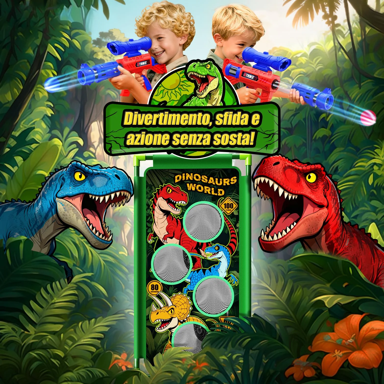 Giochi di Tiro al Bersaglio Dinosauro Giocattolo per Bambini 3-12 Anni 2 Air Blaster con Mira, 4 Bersagli e 24 Palline di Schiuma