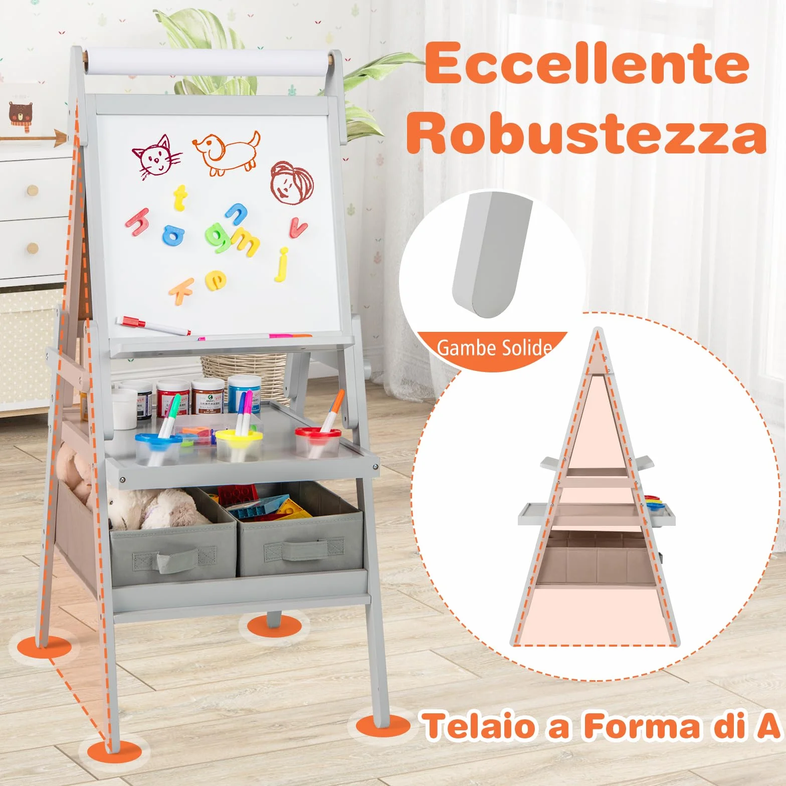 COSTWAY 3 in 1 Cavalletto per Bambini, Cavalletto con Doppia Faccia Magnetica e Lavagna Bianca, Rotolo di Carta, 3 Bicchieri per Vernice e 2 Cestini in Tessuto, per Bambini 3-6 Anni (Grigio)