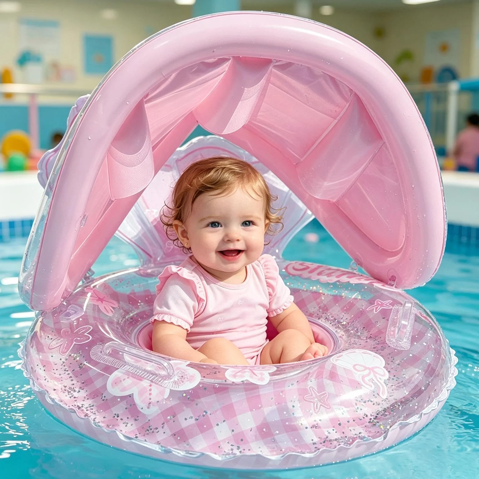 Salvagente Neonato Con Parasole, Cute Ciambella Neonato Mare, Seggiolino Gonfiabile Mare Per Bambina 6-12 Mese