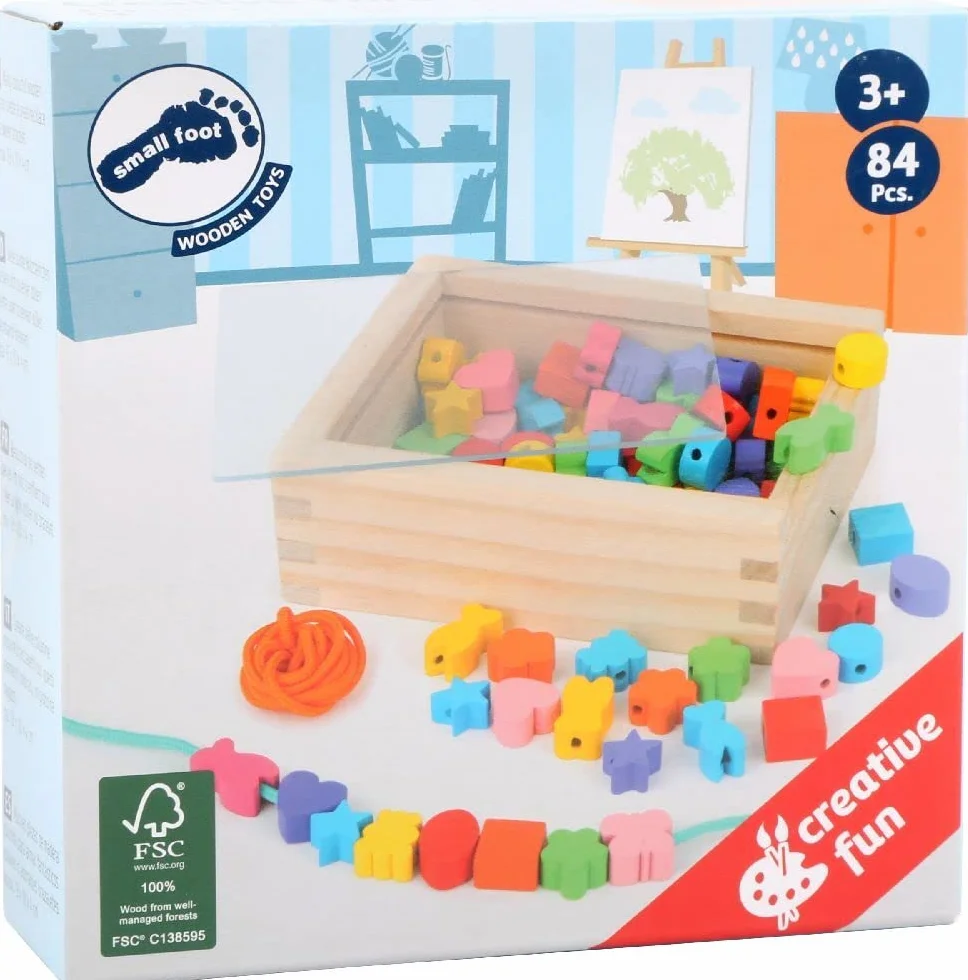 7594 Inserto creativo small foot, con perline di legno in molti colori e forme, nastri inclusi, a partire da 3 anni.