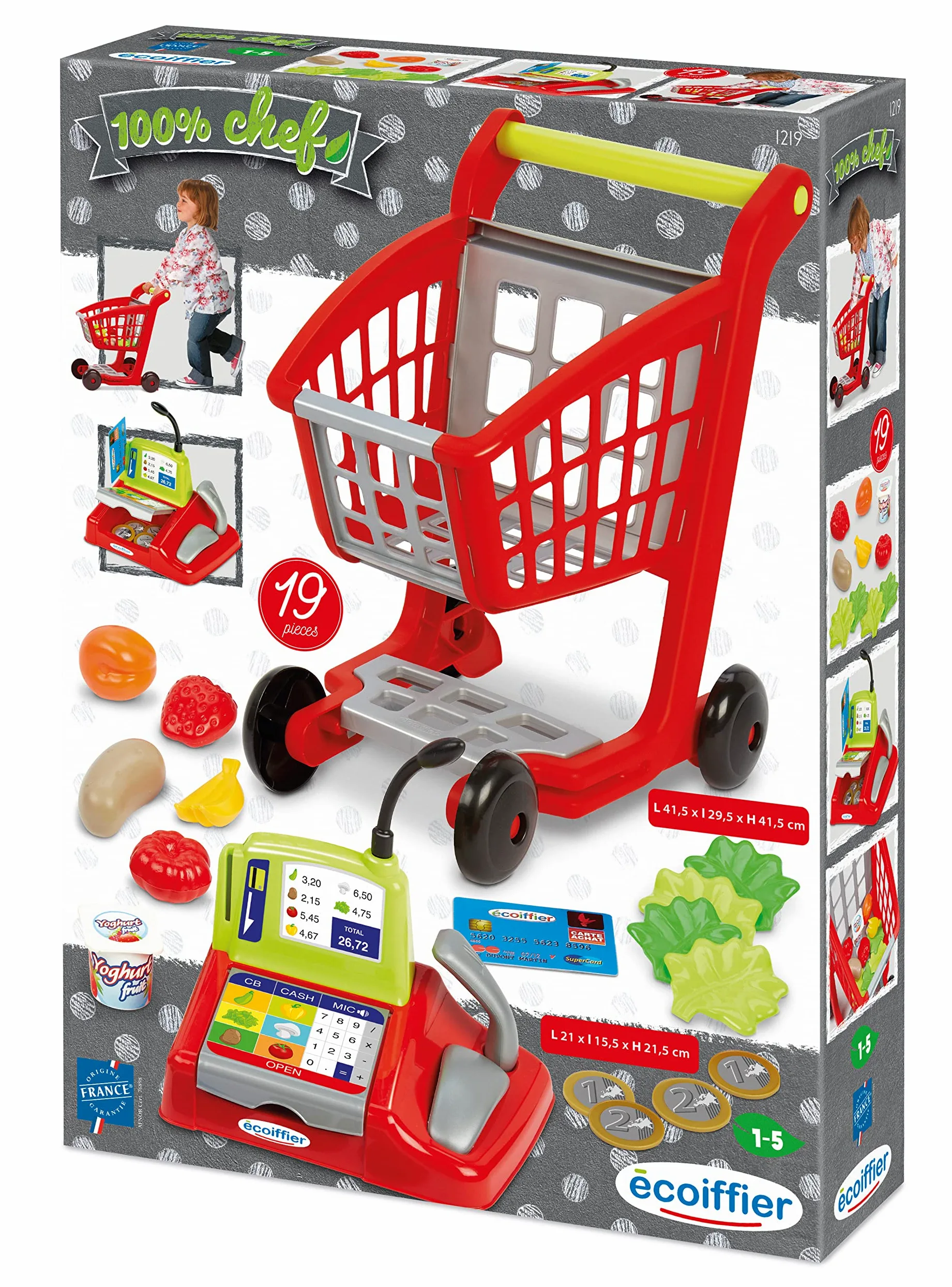 Écoiffier 1219 - Carrello di supermercato per Bambini + registratore + Accessori 100% Chef - a Partire dai 18 Mesi - Made in France