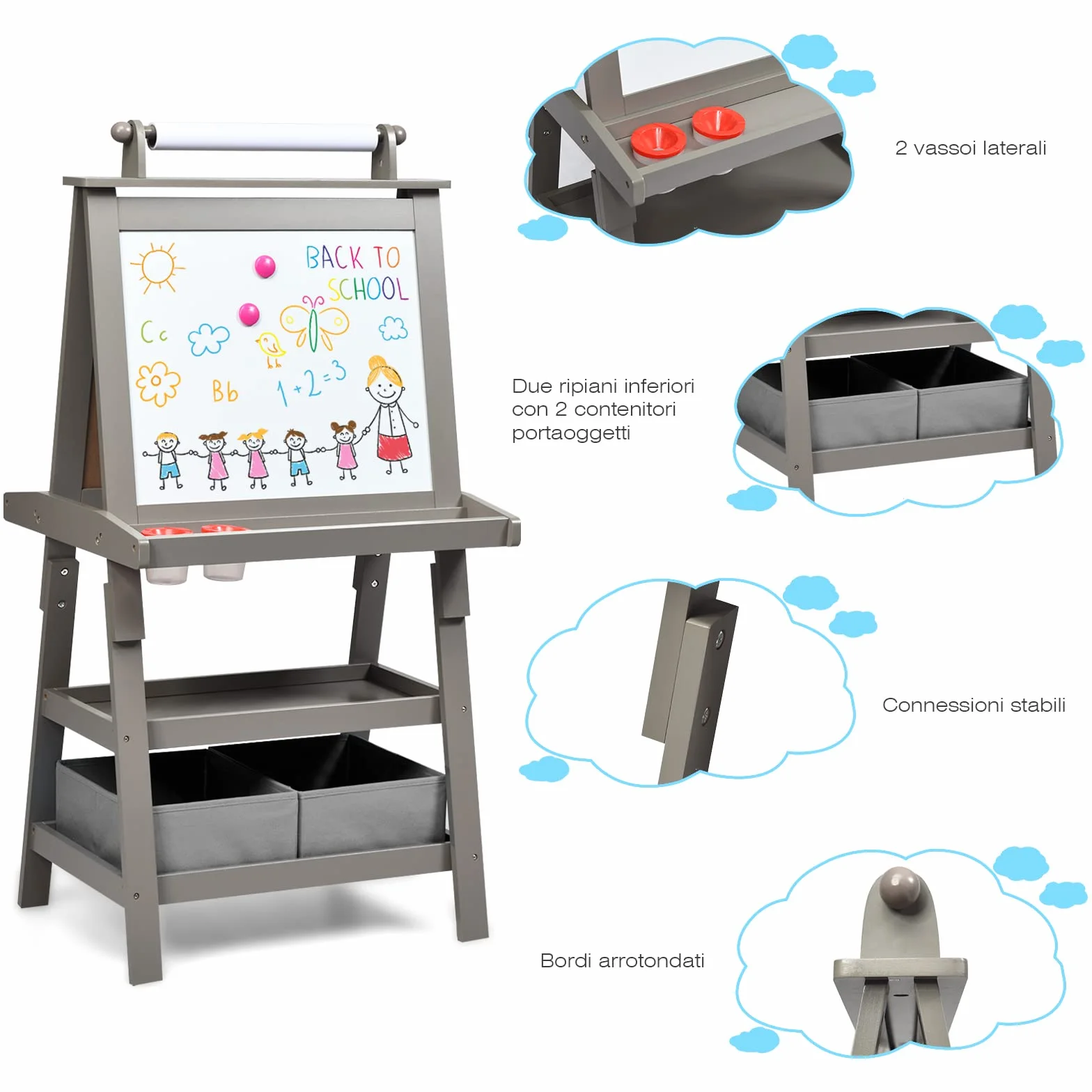 Lavagna per Bambini 3 IN 1 RELAX4LIFE, Cavalletto Pittura a Doppia Faccia Magnetica con Rotolo di Carta, Giocattolo Educativo 3+ Anni, Grigio
