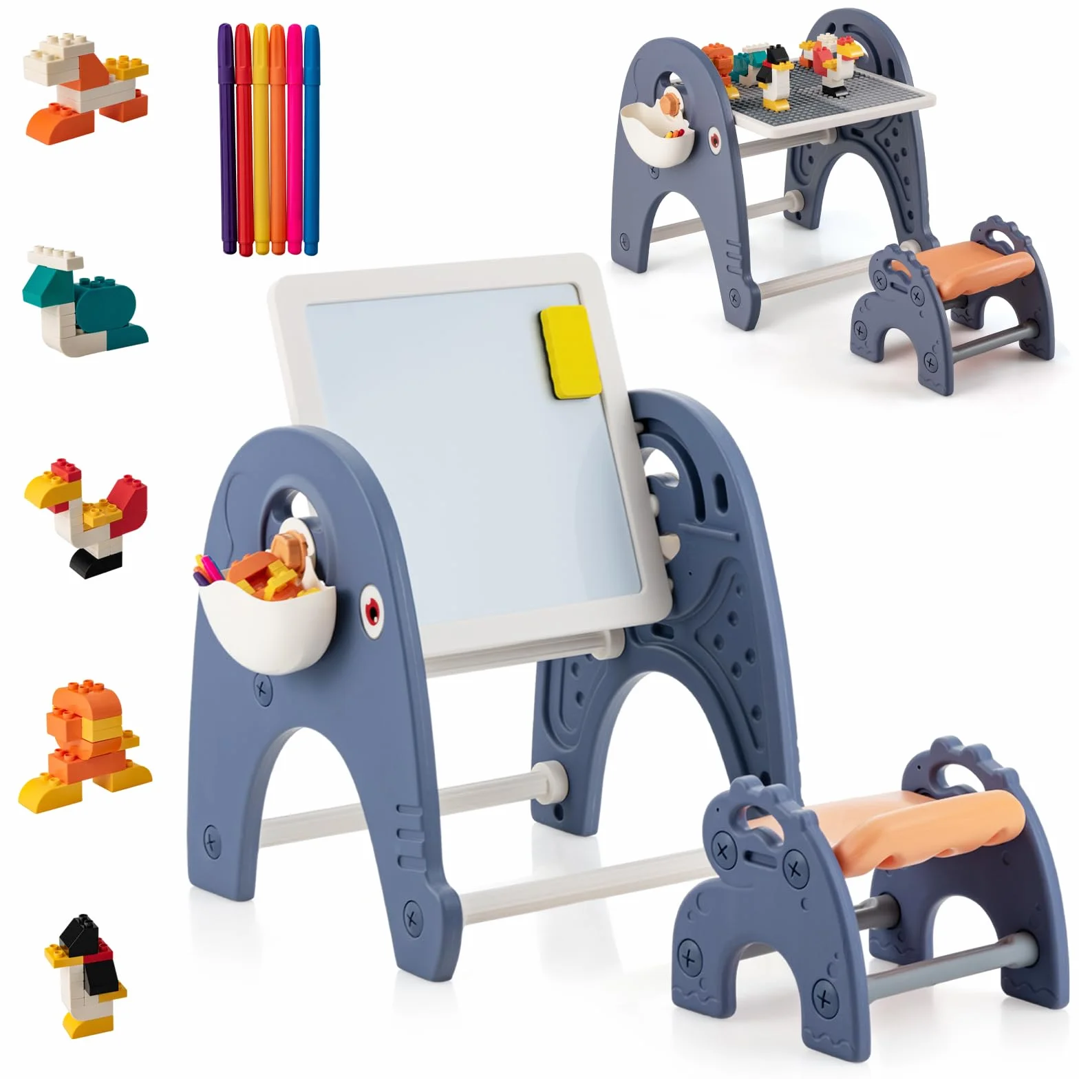 RELAX4LIFE Set di Cavalletto per Bambini con Sgabello, a Doppia Faccia con Lavagna Magnetica, Tavolo da Costruzione, Set Cavalletto per Bambini con Sgabello e Scatole Laterali