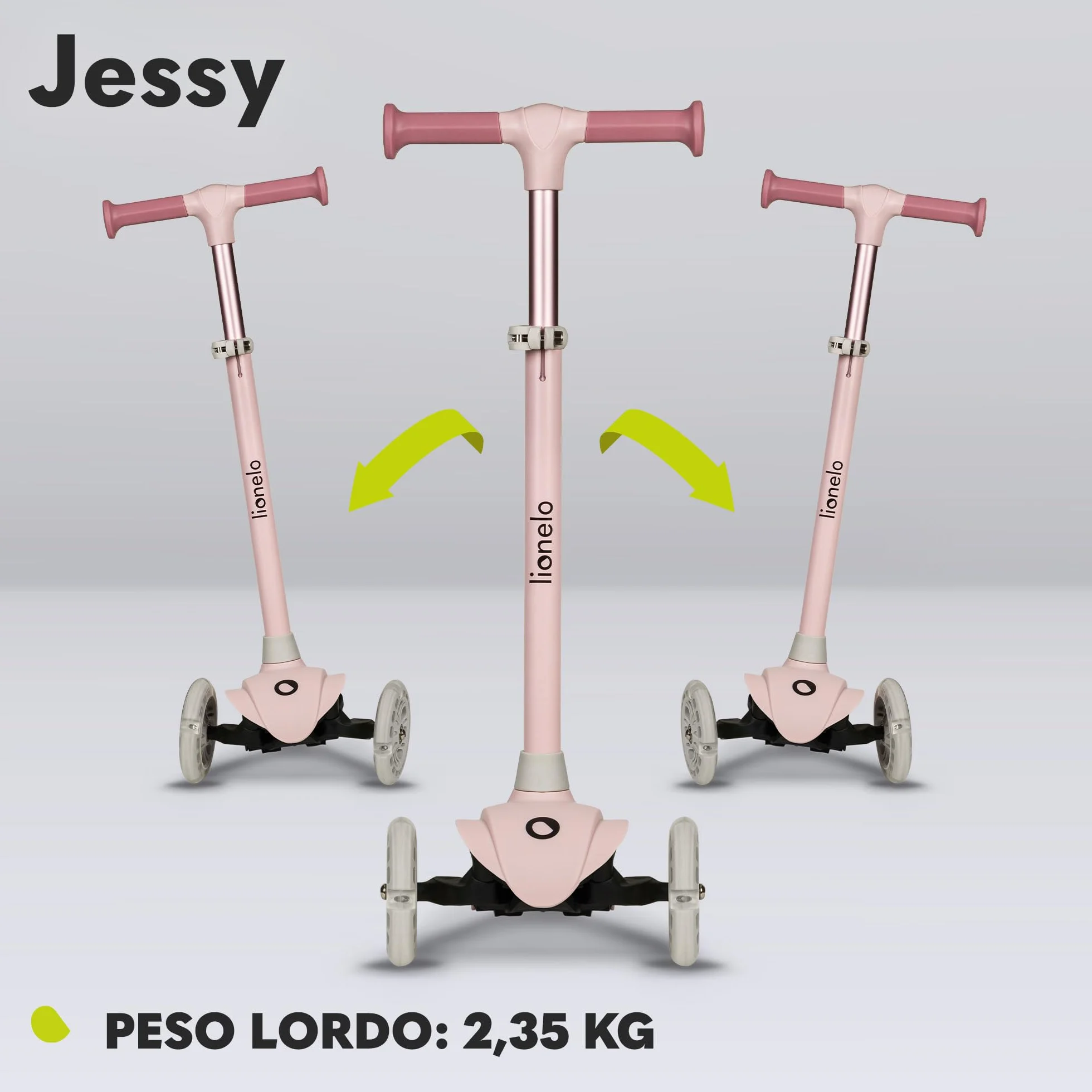 Lionelo Jessy Monopattino Evolutivo per Bambini 3+ 50kg Scooter con Ruote LED Pedana Antiscivolo Freno Acciaio Regolabile 4 Altezze Leggero 2.3kg