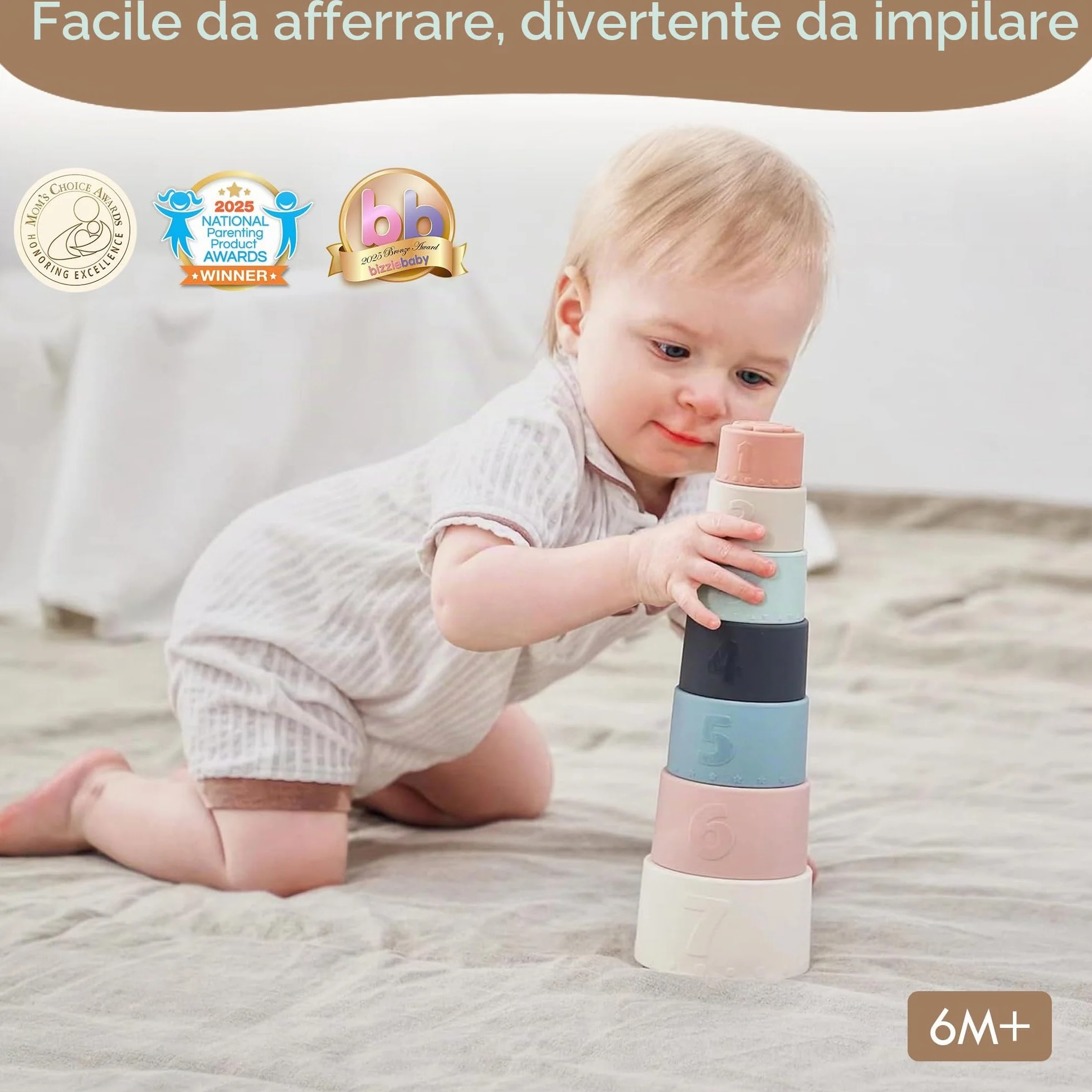 Moonkie Cubi Impilabili Bambini, Giocattoli da Tazza in Silicone, Costruzioni per Bambini, Giochi Montessori, Dentizione Neonato Silicone, Regalo Bambino, 6+ Mesi, 7 Pezzi (Fine Day)