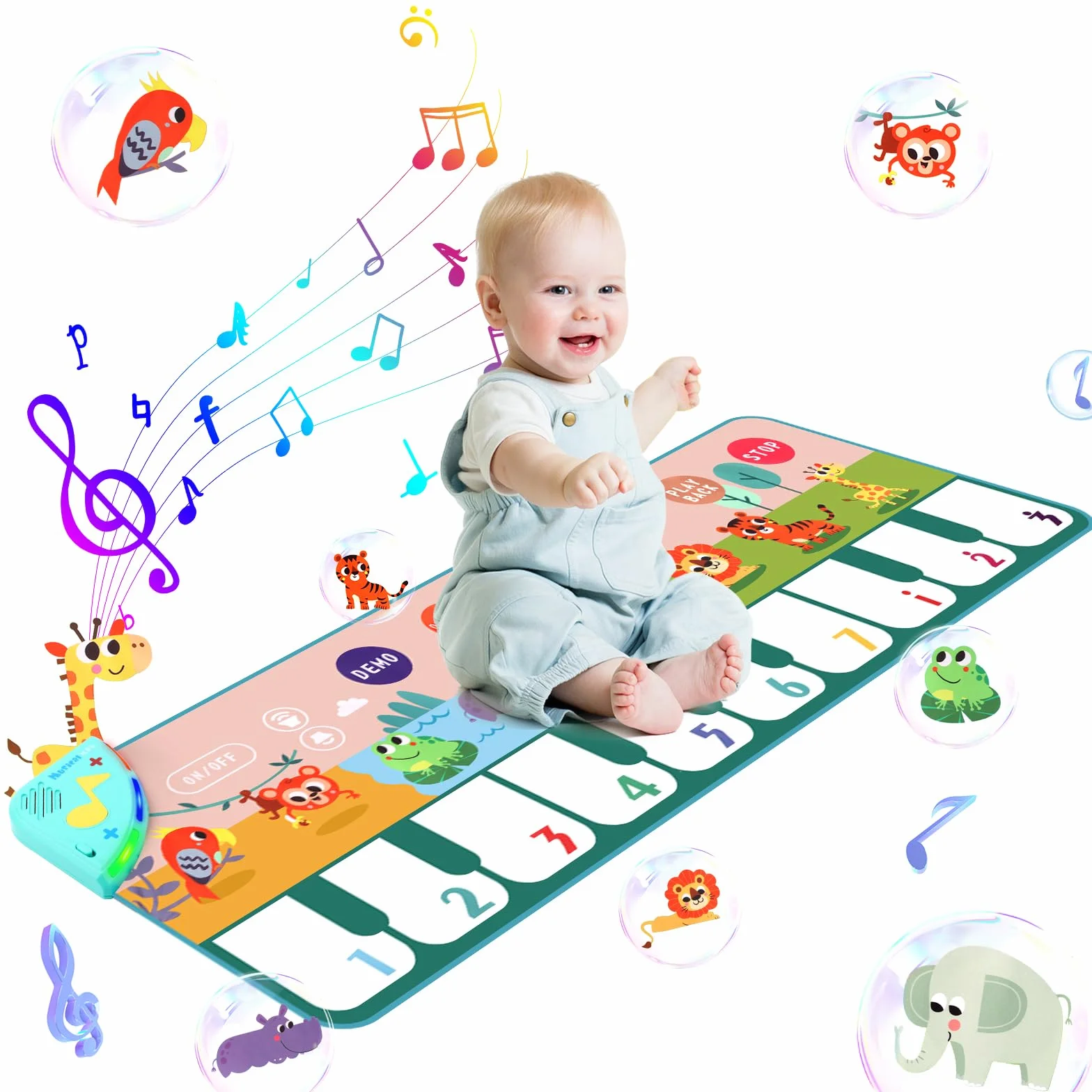 Tappetino Musicale per Bambini da Ballo con 10 Animali, 4 Modalità, 10 Melodie, Pianoforte, Regalo Compleanno 100x36 cm