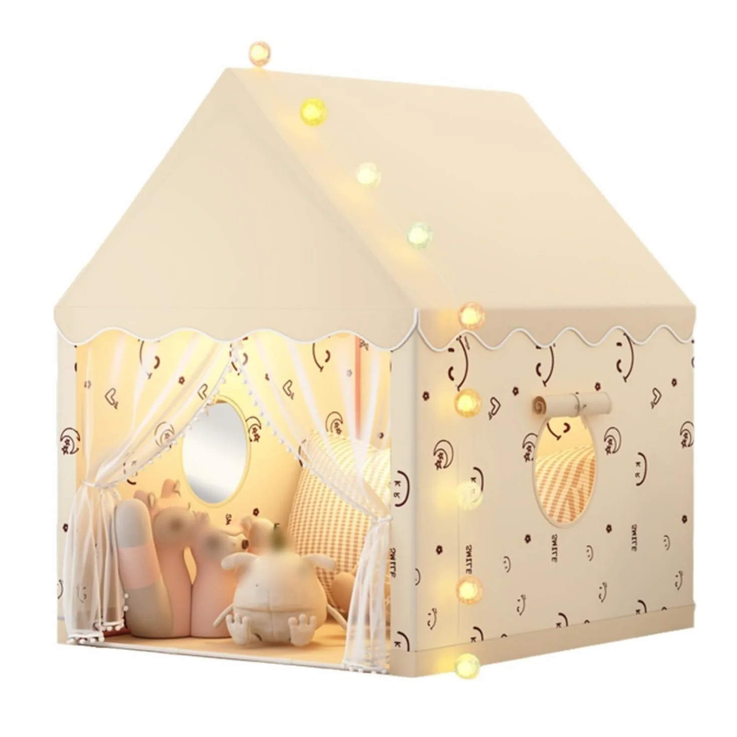 Tenda da gioco per bambini, Design della casa con tende, Casetta per bambini da interni per giocare, dormire e riposare, Beige
