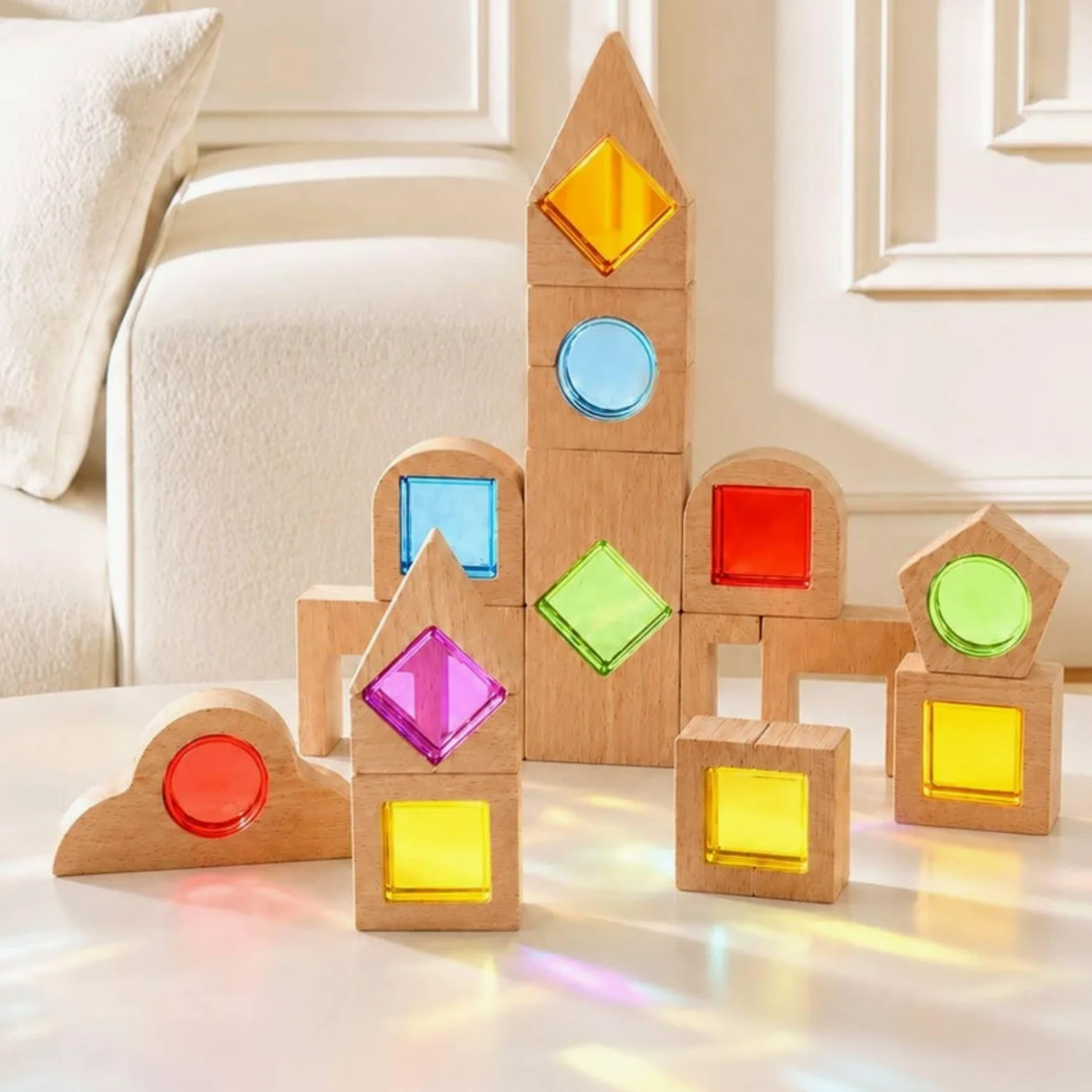 Blocchi da Costruzione Bambini Set Gioco Educativo Creativo Sensoriale Mattoncini Geometrici Pezzi Impilabili Inserti Colorati Legno Faggio E Acrilico
