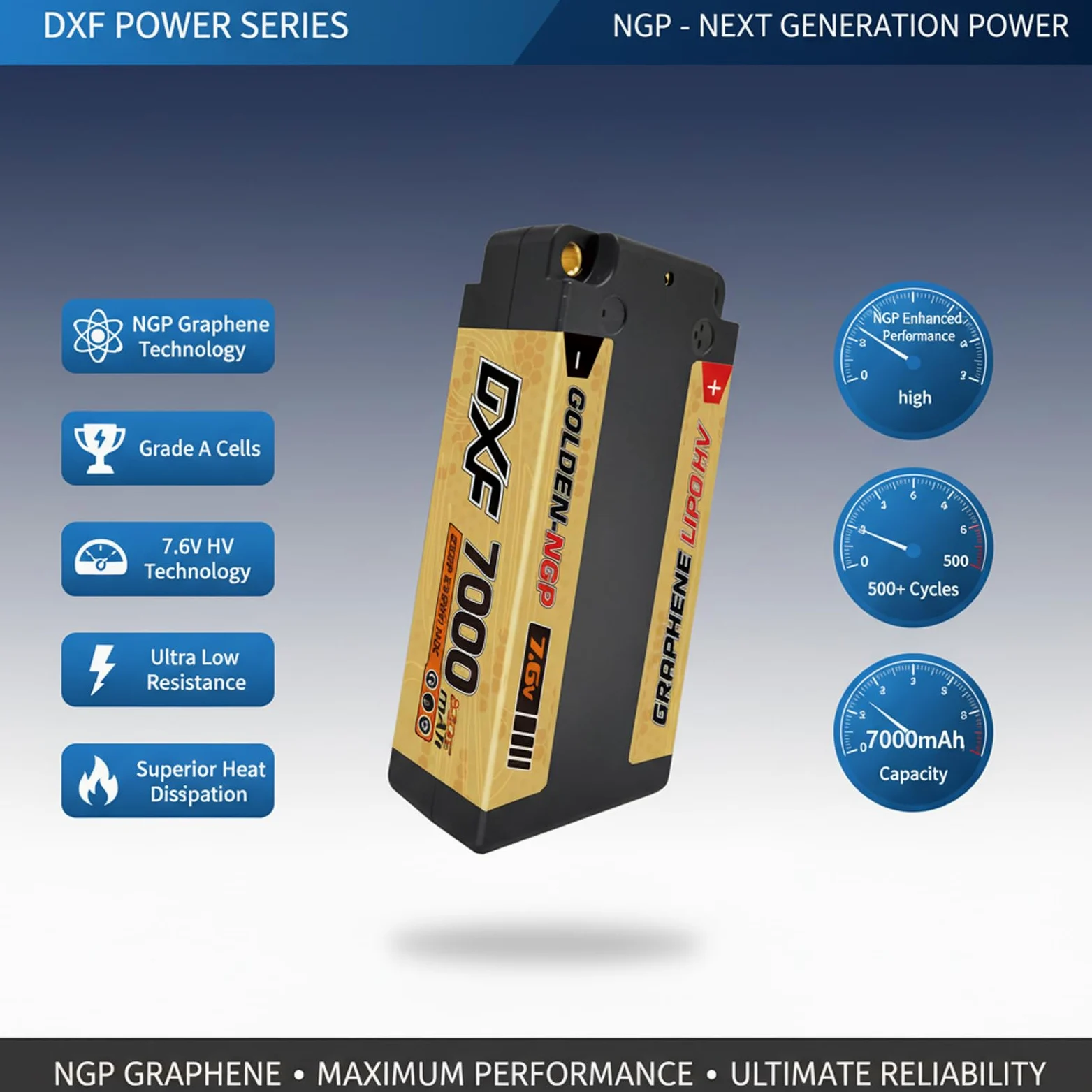 DXF Batteria LiPo 2S 7.6V 7000mAh 140C HV Corta Golden NGP Bullet 5mm Spina T Auto RC 1/8 1/10 Truck Aereo Elicottero Barca Buggy Custodia Rigida 2 Pezzi