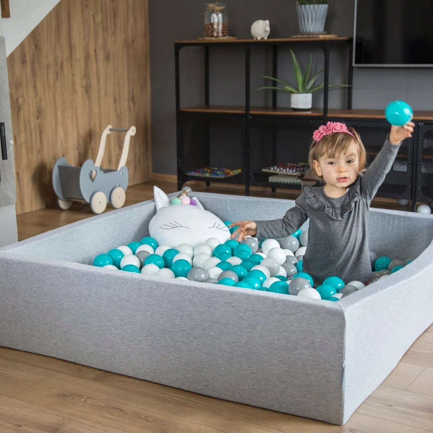 KiddyMoon Piscina di Palline 120X30cm/SENZA Palline Grande Quadrato per Bambini Fabbricato in EU, Grigio Chiaro