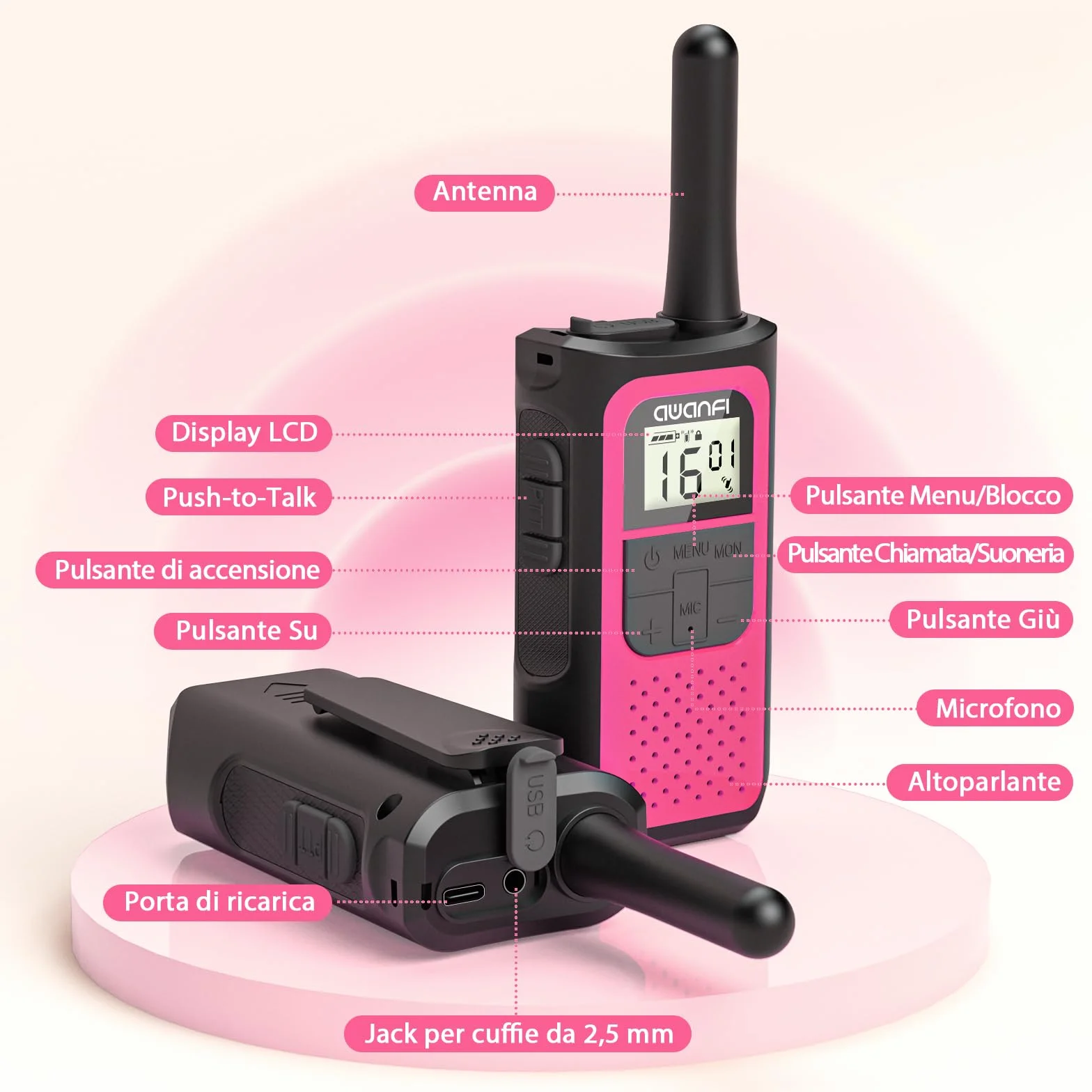 Walkie-Talkie Ricaricabili 1200mAh Batteria al Litio 16 Canali VOX Lungo Raggio per Bambini Adulti Campeggio Escursioni