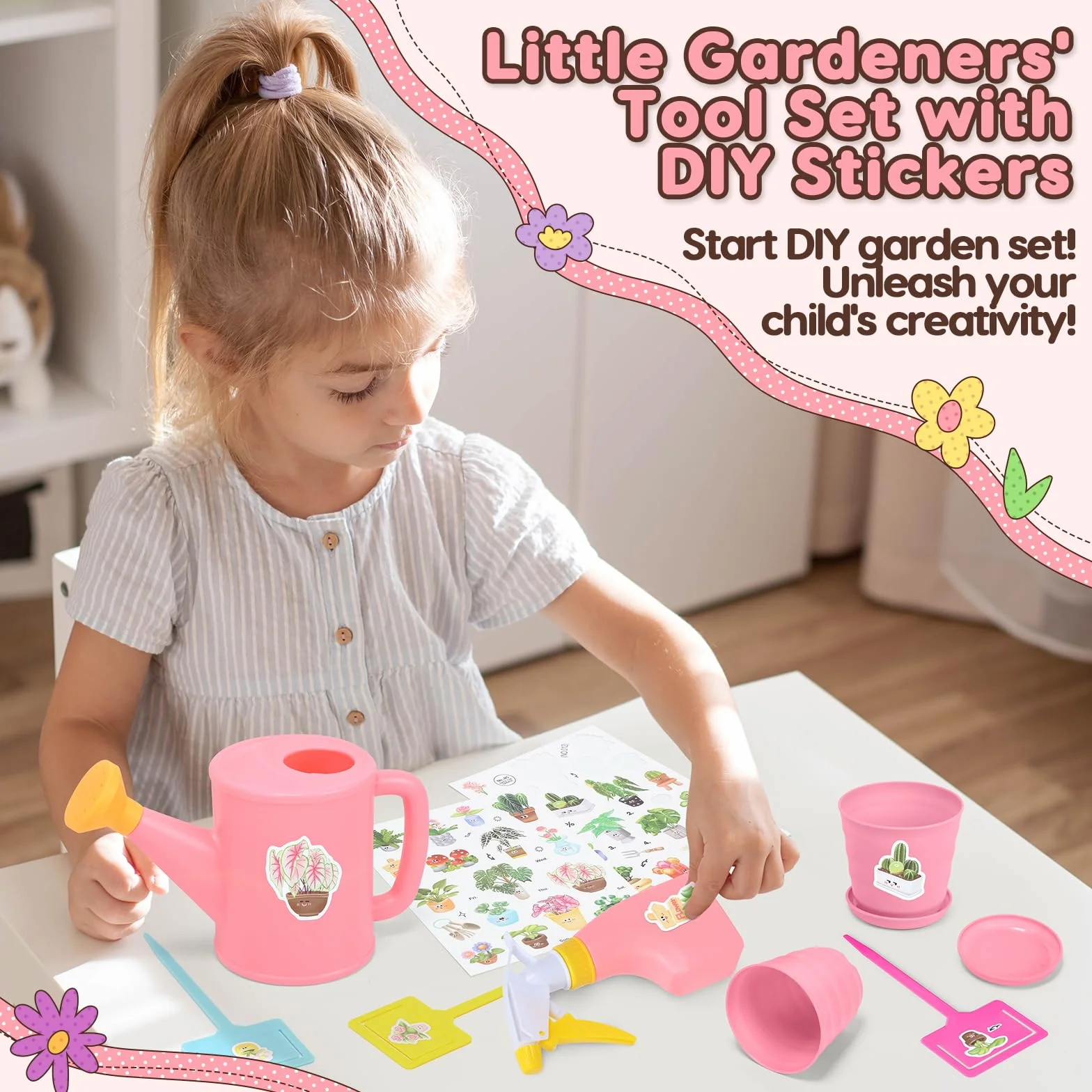 CUTE STONE Set Di Attrezzi Da Giardino per Bambini, Kit Giardinaggio Bambini Include Grembiule, Guanti Da Giardino, Paletta Giardinaggio, Borsa Da Giardinogiocattoli da esterno per bambini (Rosa).