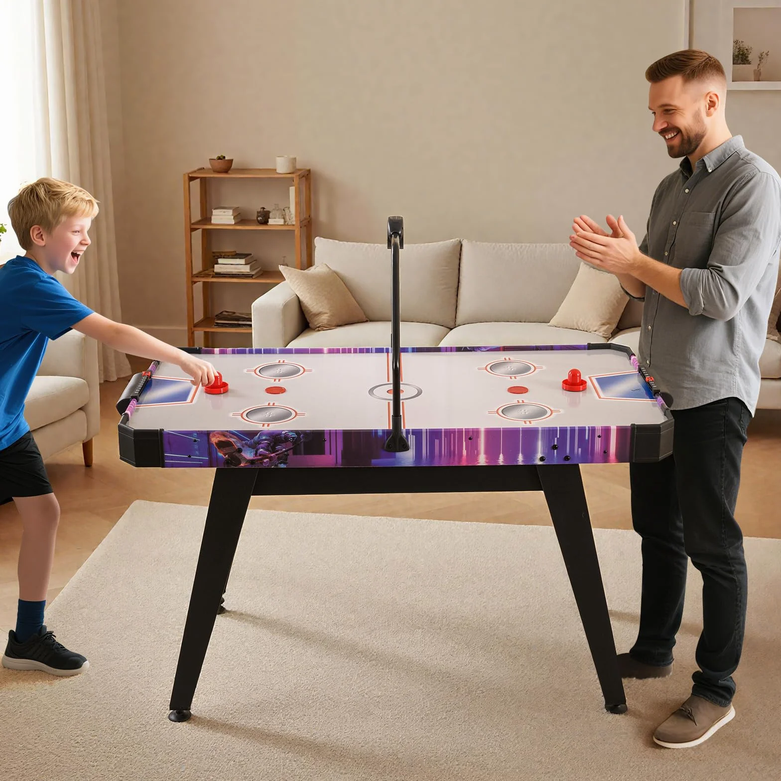 HOMASIS Tavolo da Gioco di Air Hockey con Tabellone Segnapunti LED, 2 Aste e Dischetti, Pedali Regolabili, Tavolo da Hockey per Famiglia, Bar, Casa, Ufficio, per Bambini e Adulti