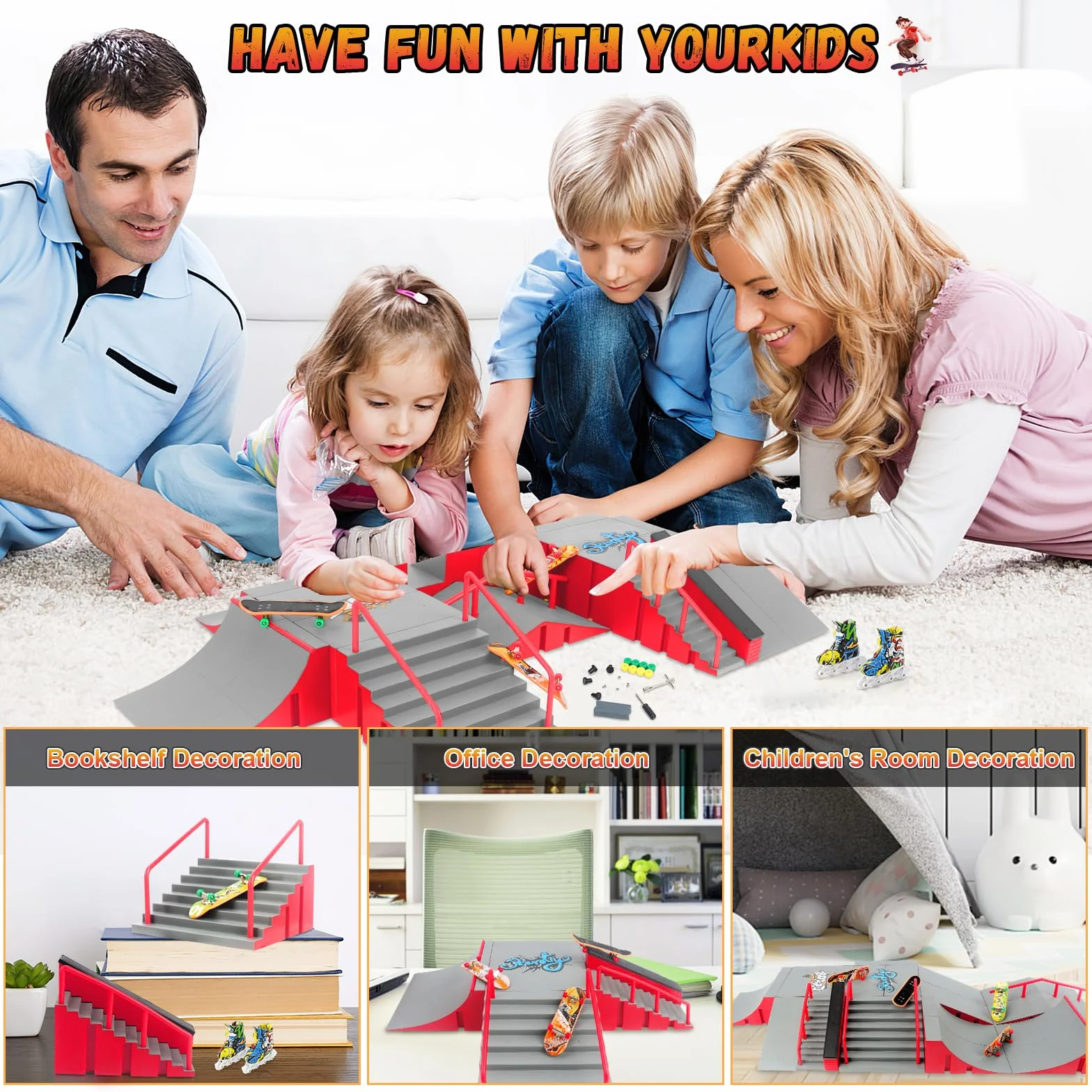 Tlater Finger Skateboard Park Kits, 14 in 1 Bigger Finger Skateboard Ramp Set fai da te Fingerboard Skatepark per bambini, regalo di compleanno (rosso)