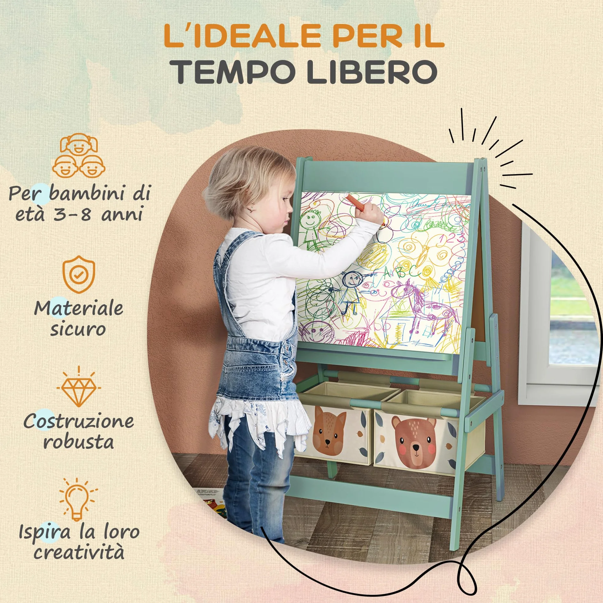 AIYAPLAY Lavagna per Bambini Cancellabile a Doppia Facciate con Rotolo di Carta e 2 Contenitori, Lavagna Bianco, Nero, Verde, Cavalletto Artistico in Legno 3-8 Anni