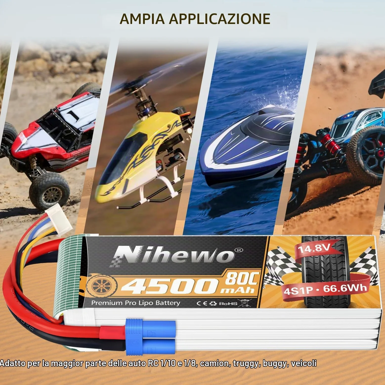 Batteria LiPo 4S 14.8V 4500mAh 60C EC5 per RC camion droni barche 2pz | Batteria 4S 4500mAh compatibile con modelli RC scala 1/8: auto, camion, aerei, elicotteri, barche, carri armati