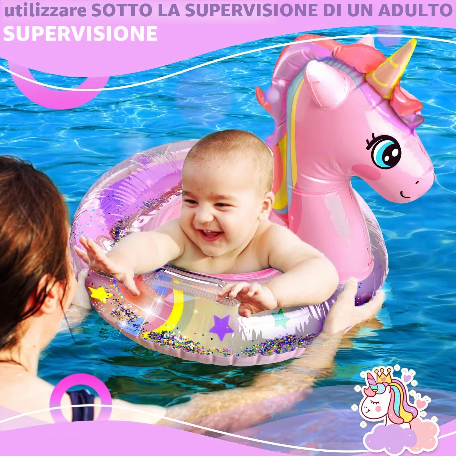 Salvagente Gonfiabile per bambini, Salvagente Gonfiabile Unicorno con Doppio Manico, Galleggiante Gonfiabile del Bambino Seggiolino Dell'anello di Nuoto del
