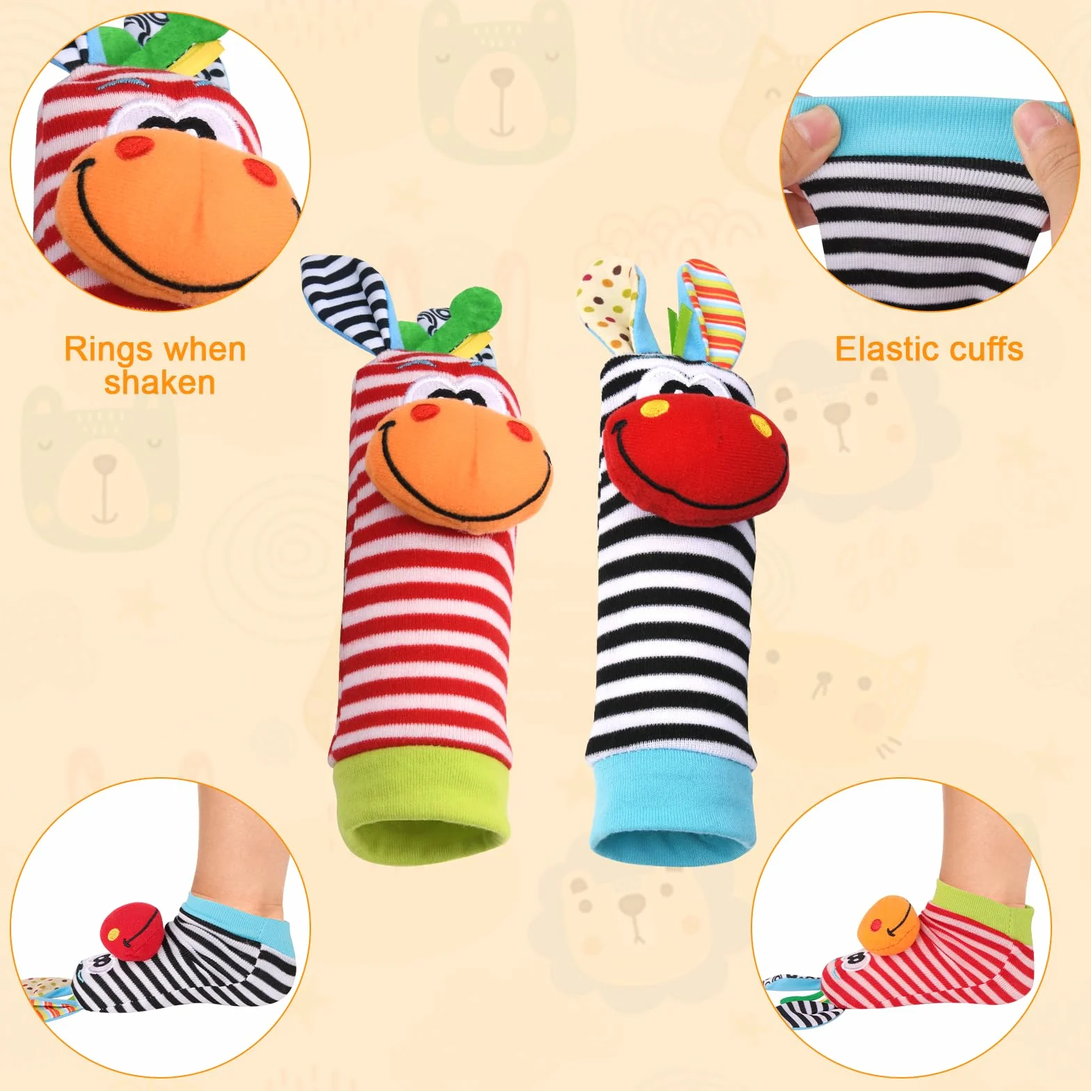 Vicloon Baby Rattle 4 Pack Neonato Sonagli Calzini da Polso Sonagli Sensoriali Giocattoli Soffici 0-6 Mesi