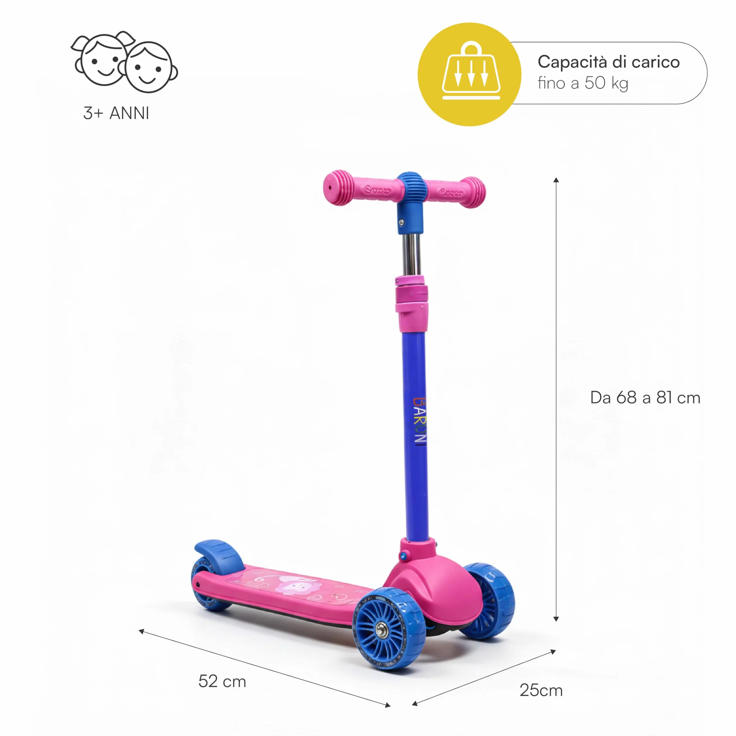 Baroni Toys Monopattino 3 Ruote per Bambini dai 3 Anni, Ruote LED Luminose, Manubrio Regolabile 3 Altezze, Freno Posteriore, 52x25x81cm