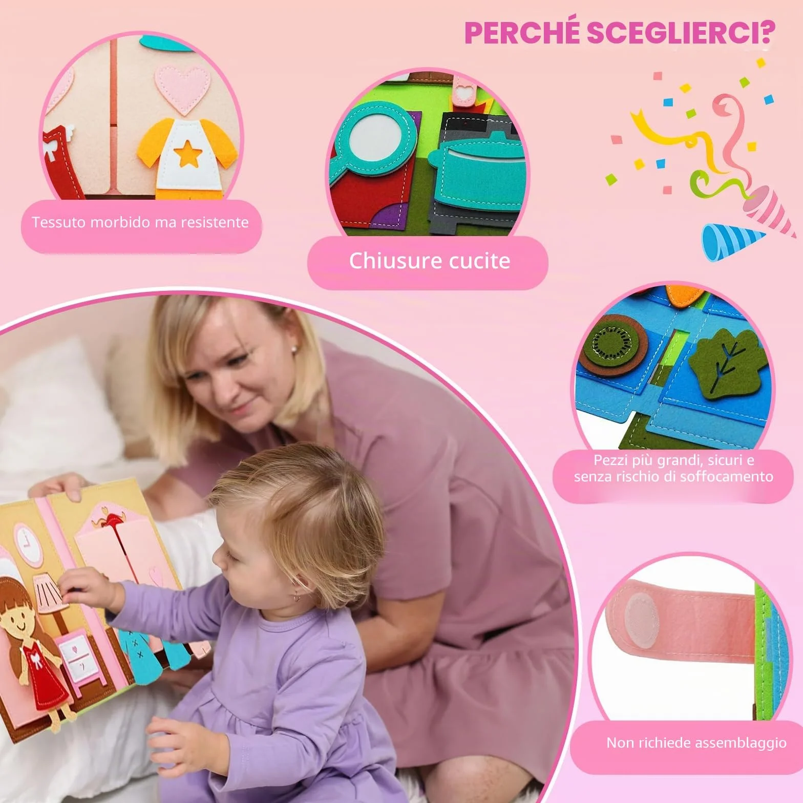 Libro Sensoriale Montessori per Bambini 1-6 Anni, Gioco Educativo 3D in Feltro