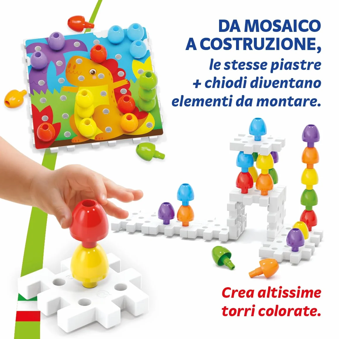 Quercetti Jumbo Peggy Bio, Mosaico Bambini, Giochi Bambini 2 Anni fino ai 5 Anni, Chiodini per Bambini 3 Anni, Costruzioni per Bambini 3 Anni con 36 Chiodini, 9 Piastre e 4 Schede, Made in Italy