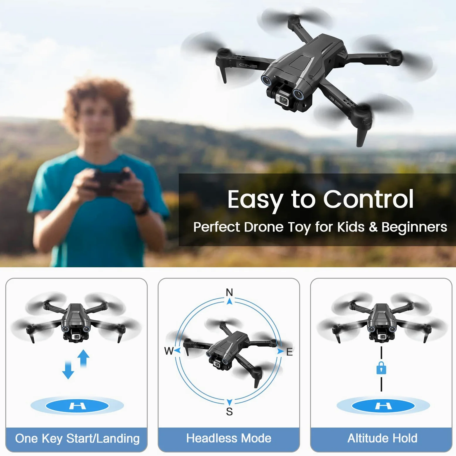 Drone con doppia fotocamera 4K HD per bambini e adulti - Droni quadricotteri RC con evitamento intelligente degli ostacoli, tenuta in altitudine, giocattoli regali per principianti (Nero)