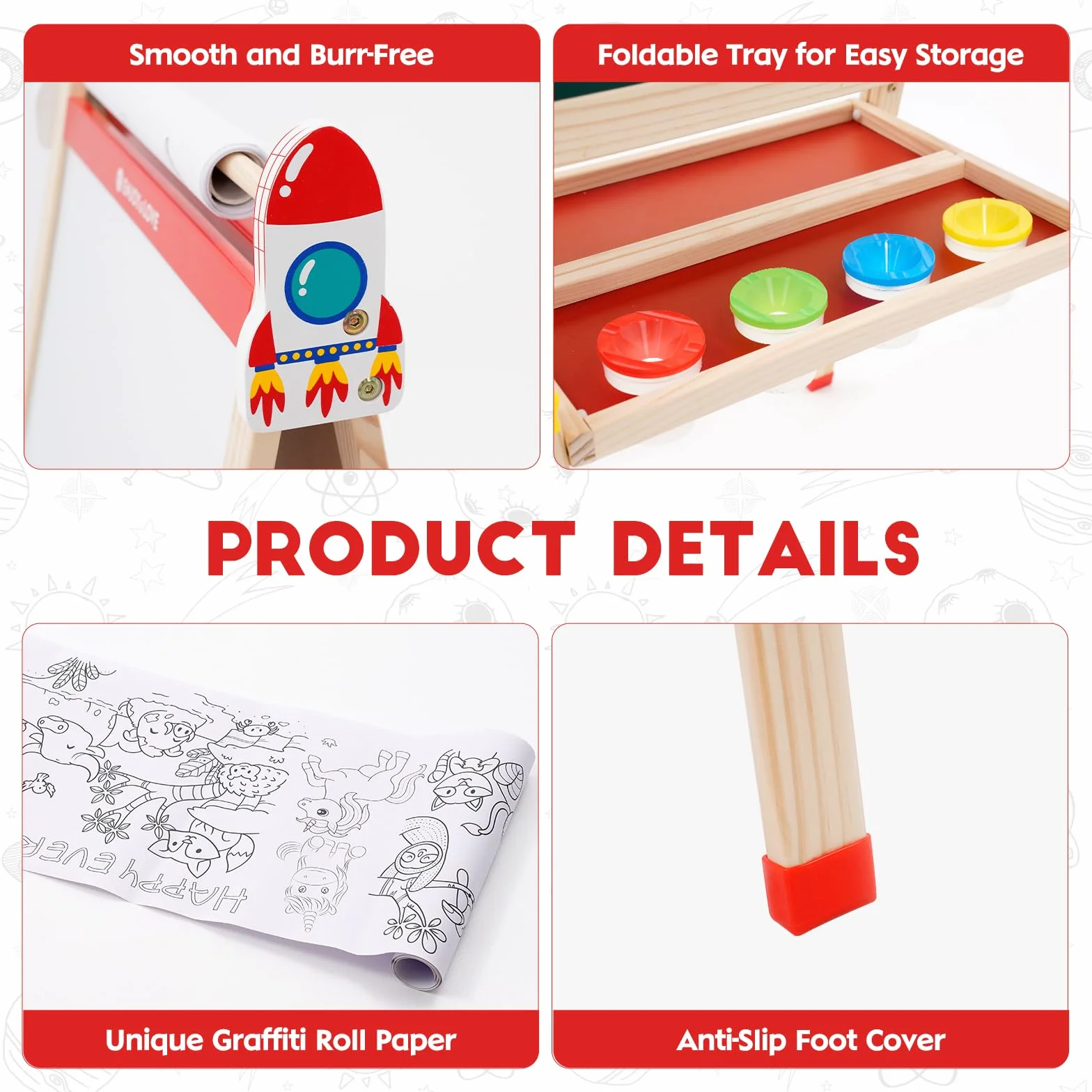 Cavalletto in Legno 2 in 1 per Bambini Lavagna Pieghevole Regolabile Altezza con Carta in Rotolo Colorabile 3-12 Anni