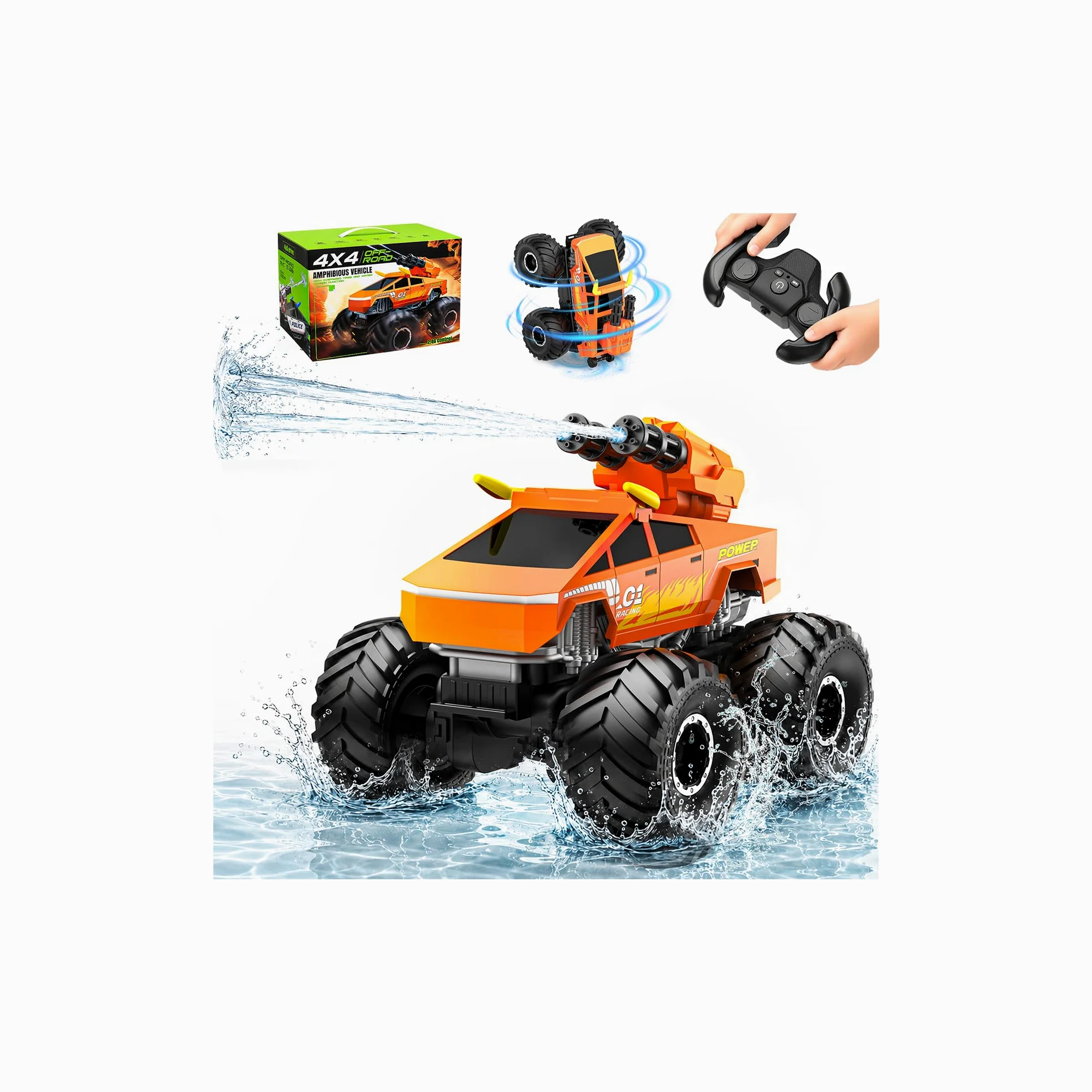 Anfibio Macchina Telecomandata per Bambini - RC Car con Cannone ad Acqua | 2.4GHZ Monster Truck Rotazione 360°, 1:18 Auto Radiocomandata Giocattolo, Regalo Natale & Compleanno per Bambino 6-12 Anni