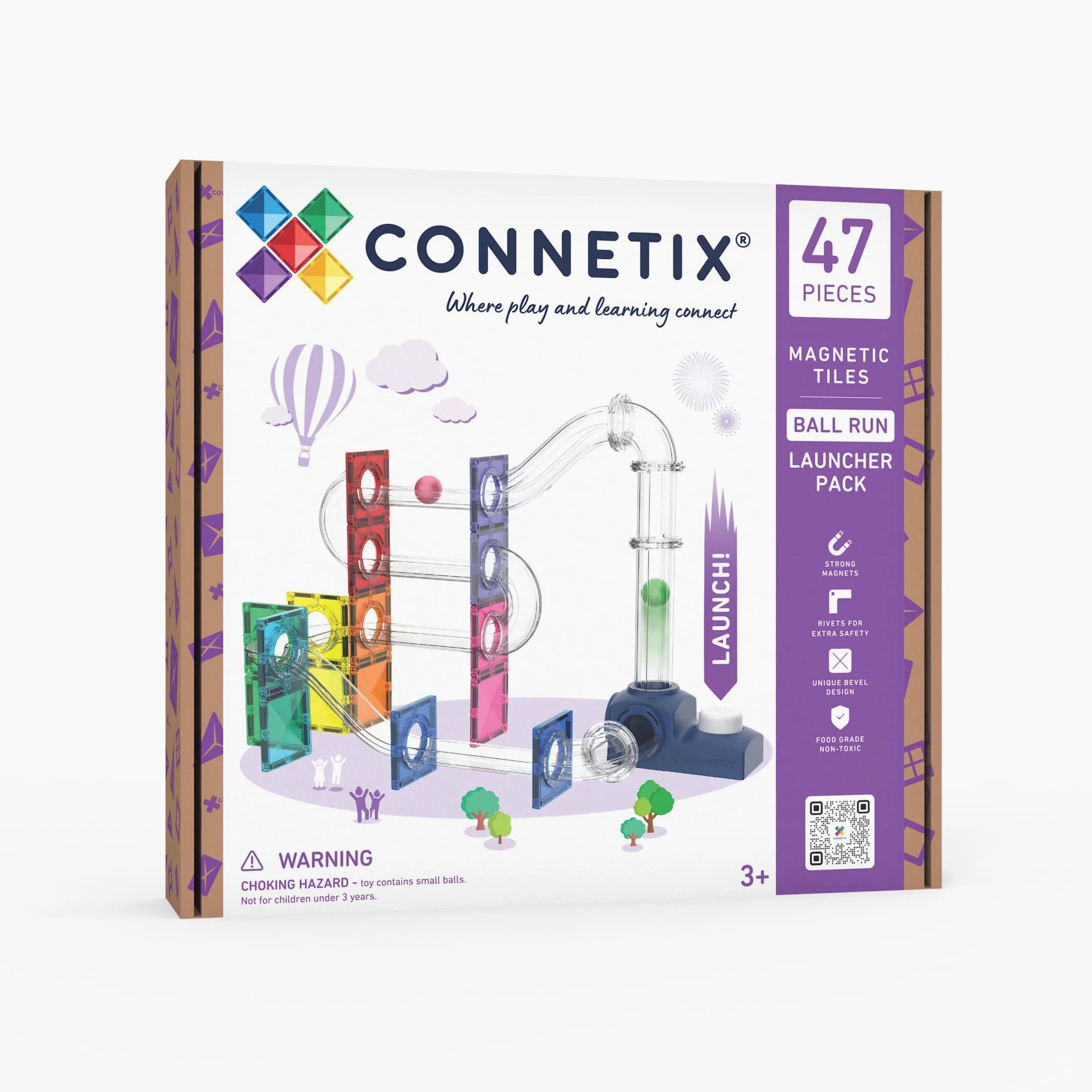 CONNETIX Piastrelle Magnetiche Pista Biglie Launcher Pack, 47 Pezzi | Lancia in alto, costruisci ed esplora forza e movimento con un potente lanciatore, tubi e sfere di legno. Dai 3+ anni.