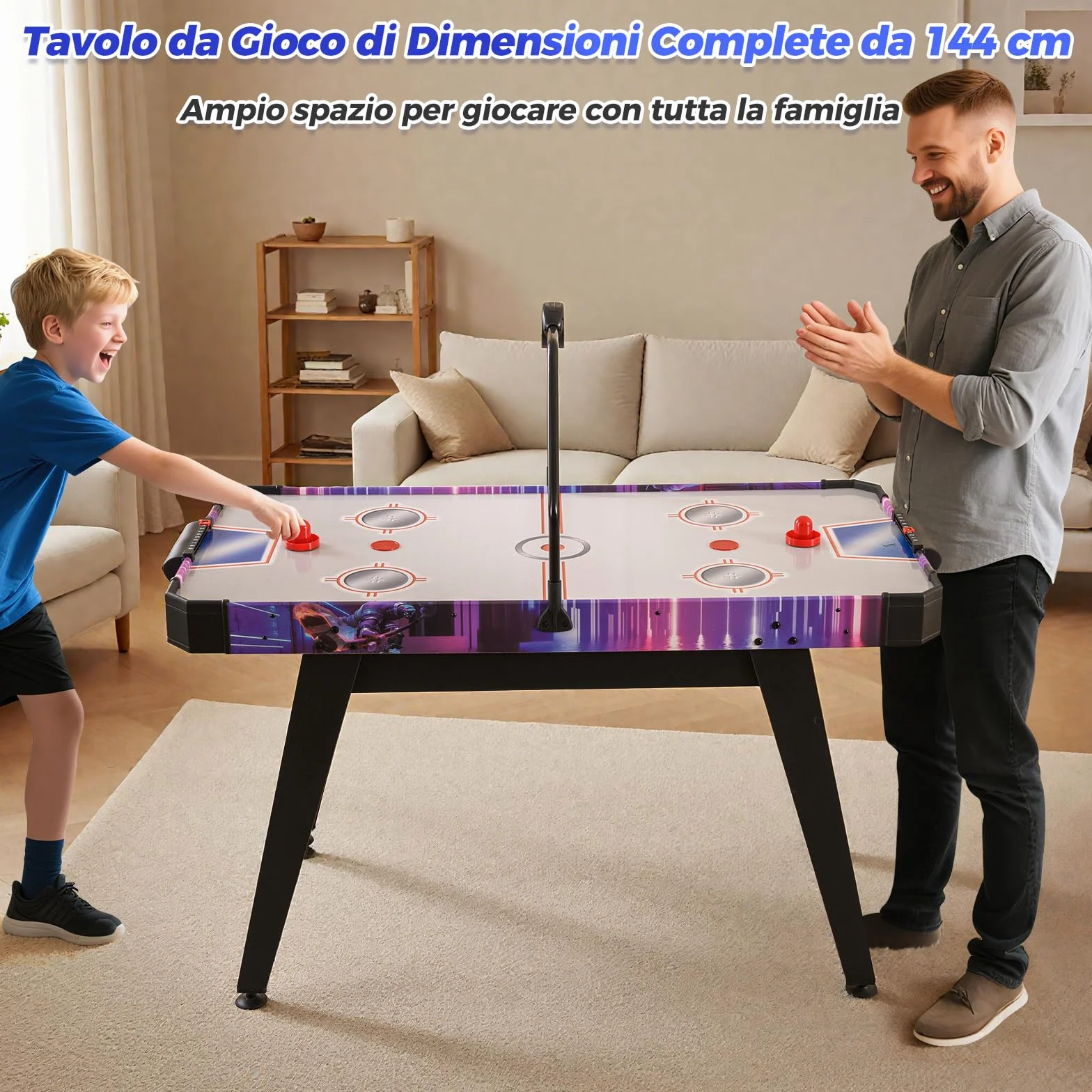 RELAX4LIFE Tavolo da Air Hockey per Bambini e Adulti da 144 cm con Segnapunti Digitale LED, Potente Motore da 12V, 2 Dischi e 2 Spingitori per Casa, Ufficio, Sala Giochi