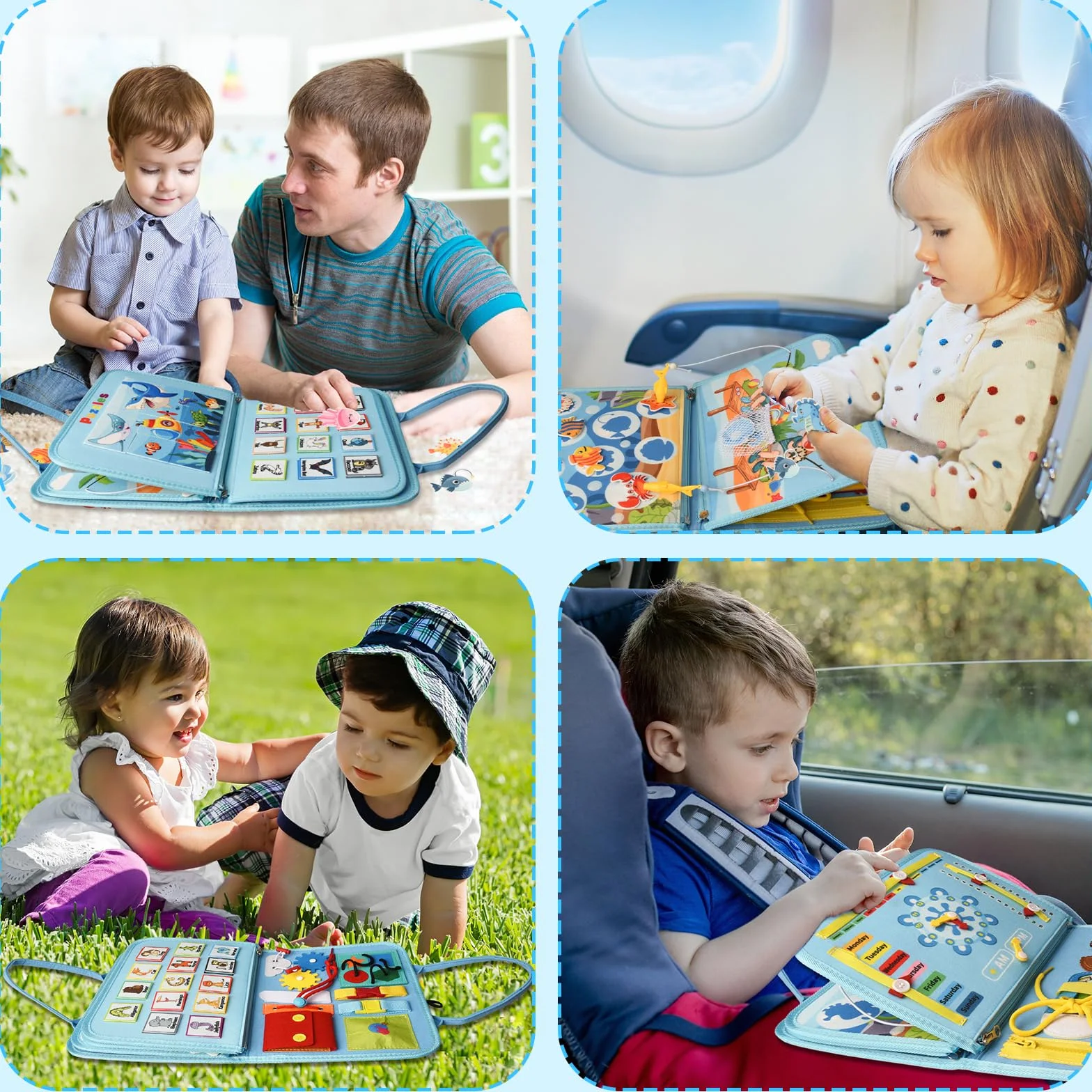 Busy Board per Bambini, Giochi Montessori 1-4 Anni, Giocattoli Educativi Sensoriali con Puzzle, Parole, Date, Orologi, Giochi di Pesca, Pulsante Sonoro, Cerniere e Fibbie