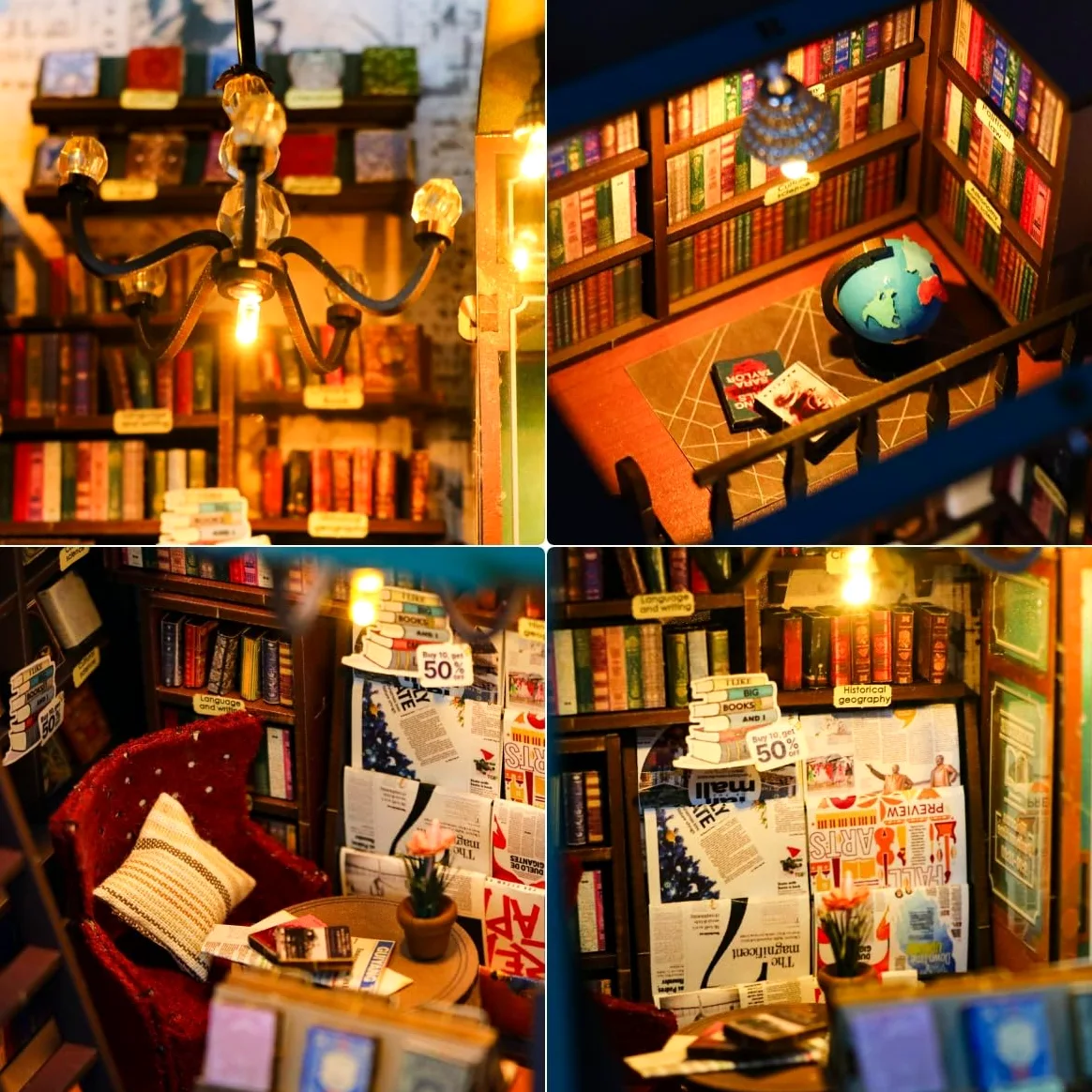 CRIOLPO Kit angolo lettura fai da te, modello di casa in miniatura, scena di biblioteca affascinante, casa delle bambole in legno, scene di biblioteca in miniatura - Soul Bookstore