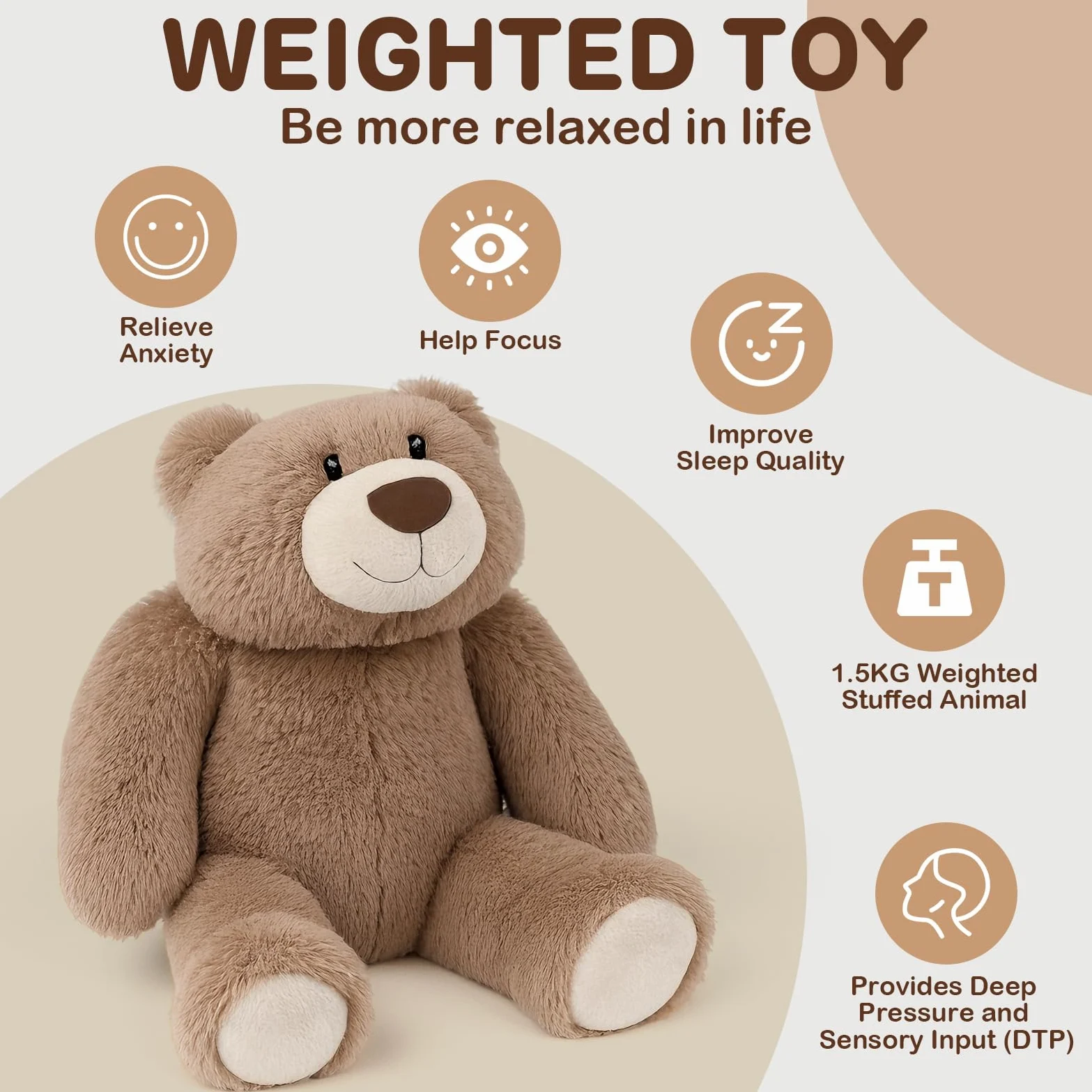 Joyreal 1.5 kg Orsetto Ponderato per I'ansia, Sollievo Dall'ansia per Gli Adulti, Orsetto in Peluche ponderato, Giocattoli Sensoriali per l'autismo, Animale di Peluche Ponderato 1.5 kg