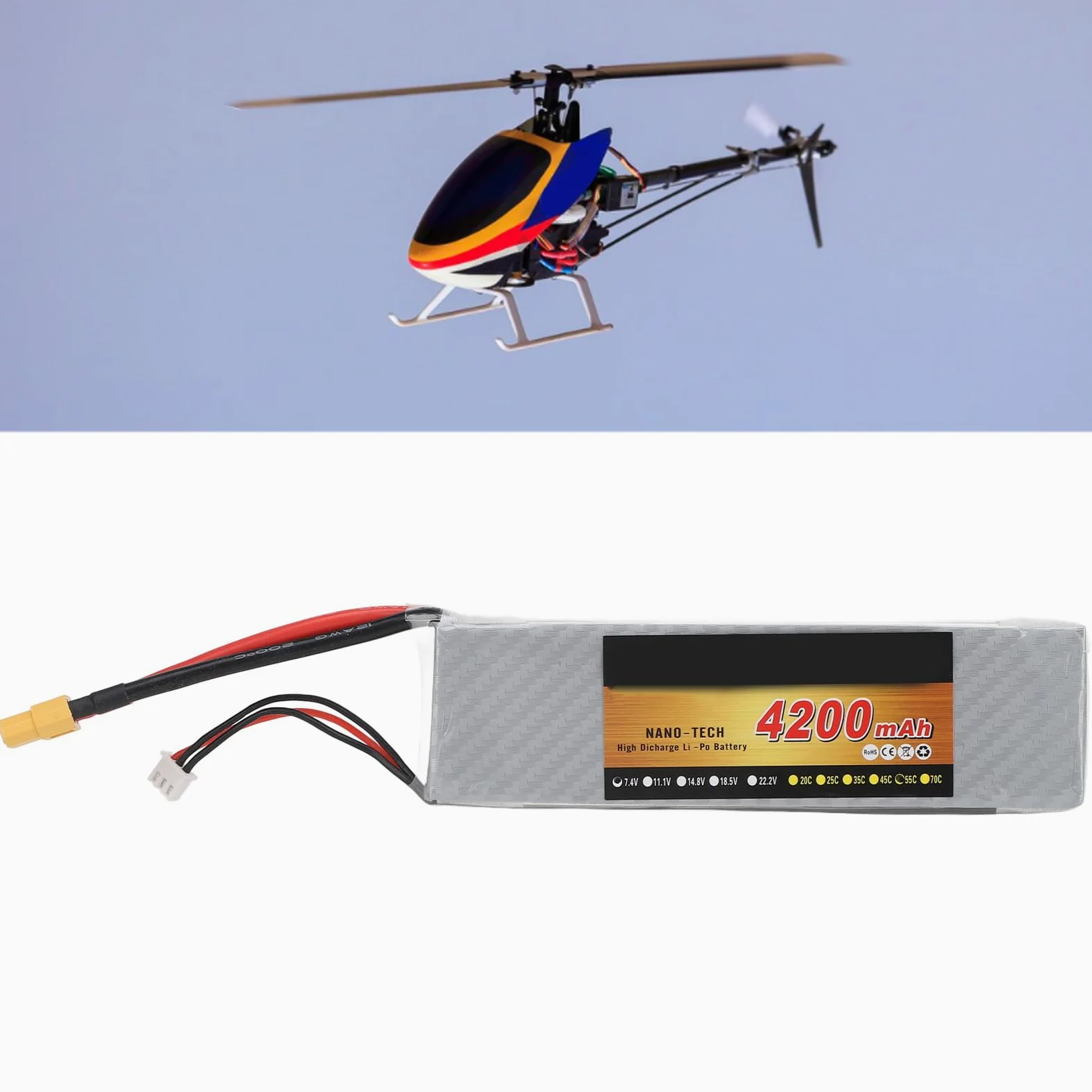 Batteria al litio RC, realizzata con custodia rigida, 7,4 V 2S 4200 MAH 55 C Lipo Batteria per RC Auto Aereo Elicottero Drone Usw