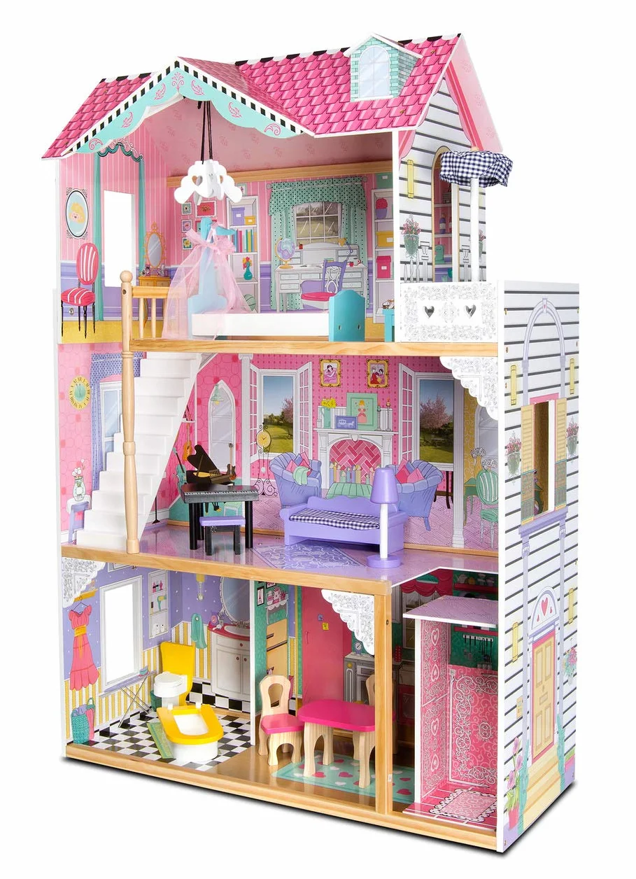 Casa delle Bambole in Legno Grande con Ascensore e Illuminazione, Villa a 3 Piani con Terrazza, Mobili e Accessori Inclusi, per Bambole fino 30 cm, Gioco di Ruolo Educativo, Regalo Bambini 3+