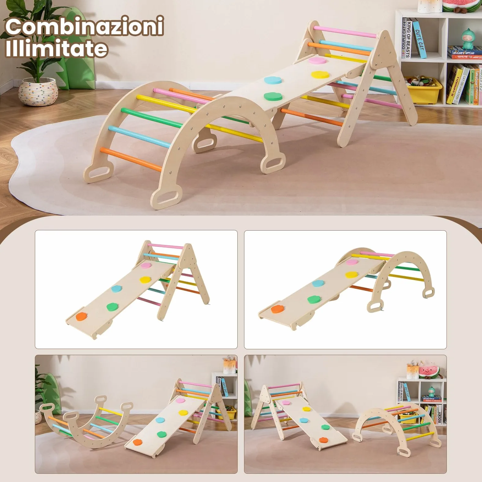 RELAX4LIFE 4 in 1 Triangolo da Arrampicata con Scivolo per Bambini, Arco da Arrampicata e Scala per Arrampicarsi in Legno, Montessori Giocattoli Bimbi 2 3 4 5 Anni