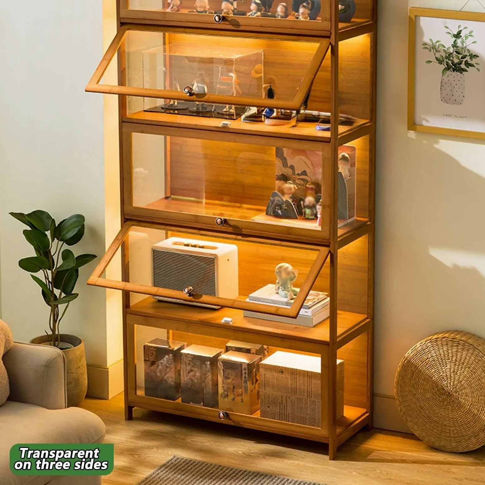 Vetrina in Acrilico, Vetrina per Oggetti da Collezione, Vetrina Multifunzionale per Curiosità Realizzato in Materiale di Bambù Naturale, Design Della Porta Ribaltabile ( Color : Dark brown , Size : 80