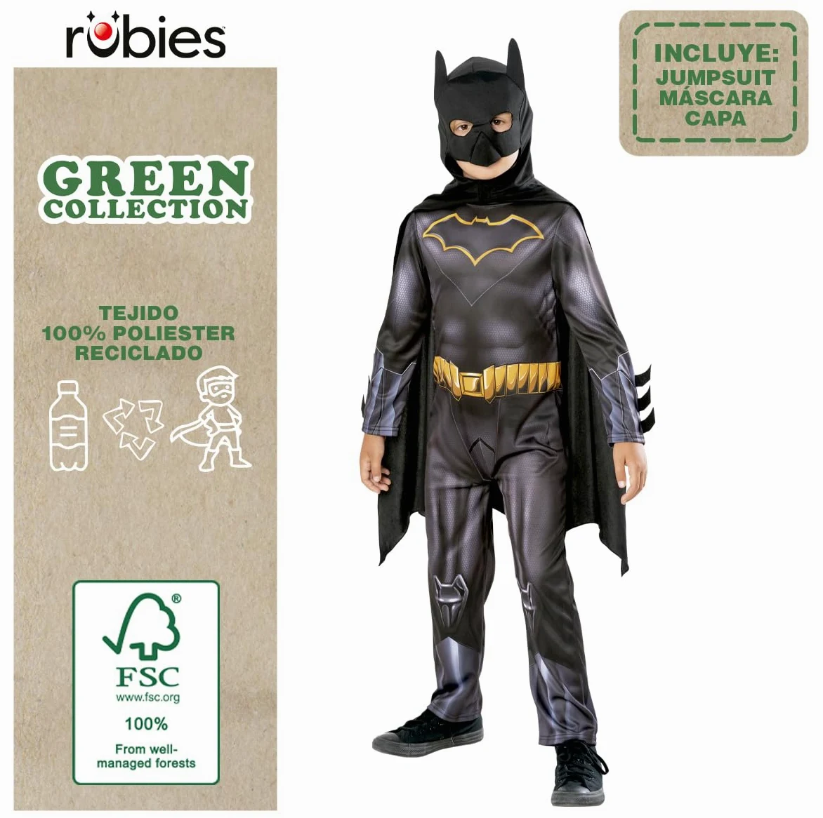 Rubies Costume Batman per bambini, Green Collection, costume sostenibile, tuta con mantello e maschera, ufficiale DC Comics per Halloween, Carnevale, Natale e compleanno, taglia 9-10 anni (134-140 cm)