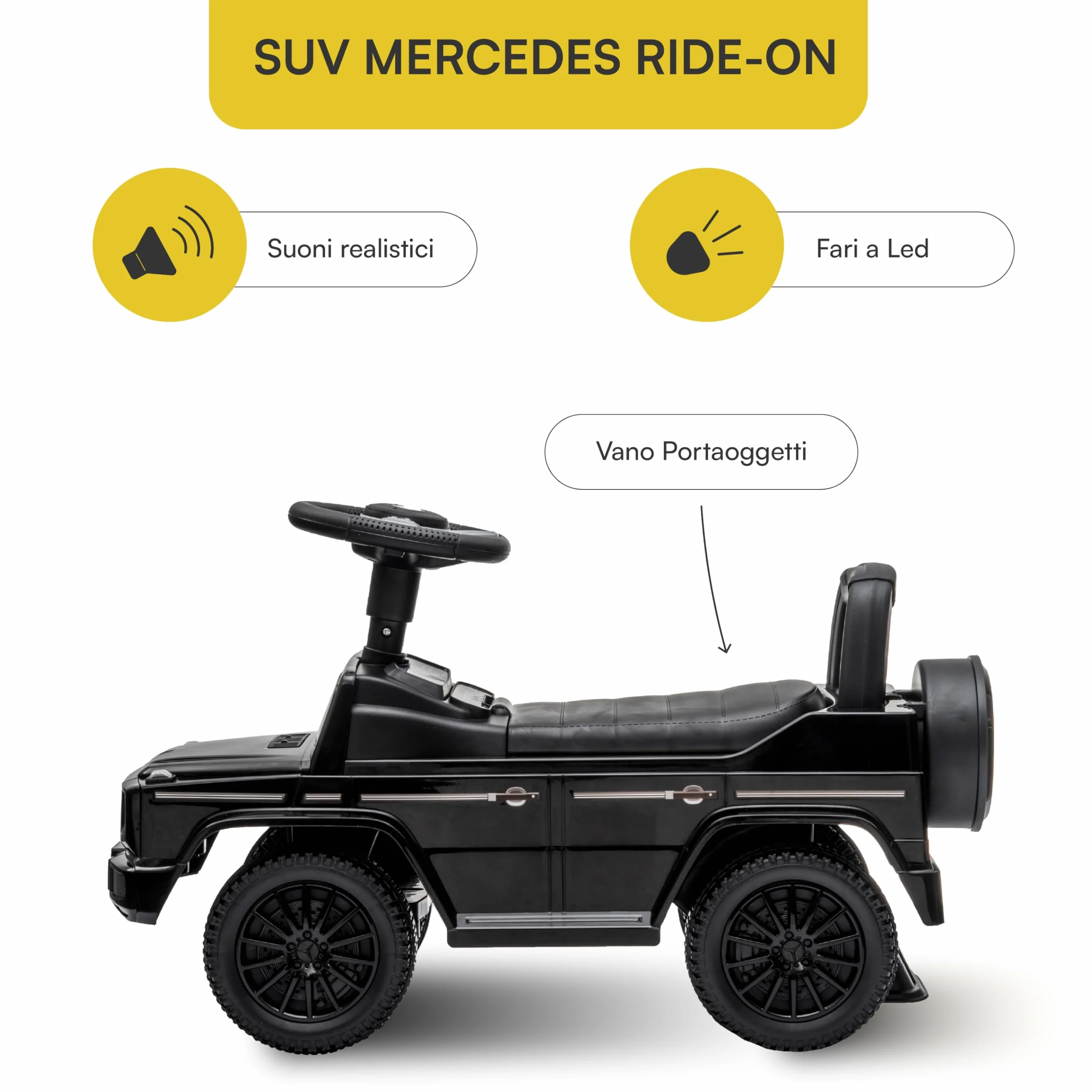 Baroni Toys Mercedes SUV Ride-On dla Dzieci 1-4 Lat, Fari LED, Suoni Realistici, Czarny 69.5x29x43 cm