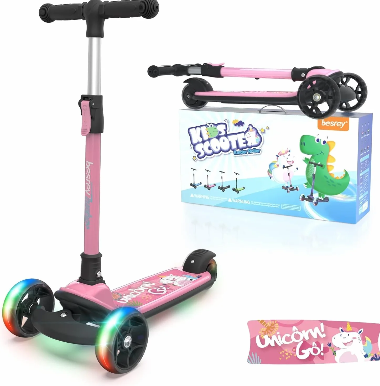 Besrey Monopattino Bambina 3-10 anni 3 Ruote Pieghevole Regolabile 4 Altezze Unicorno Rosa LED Multicolore